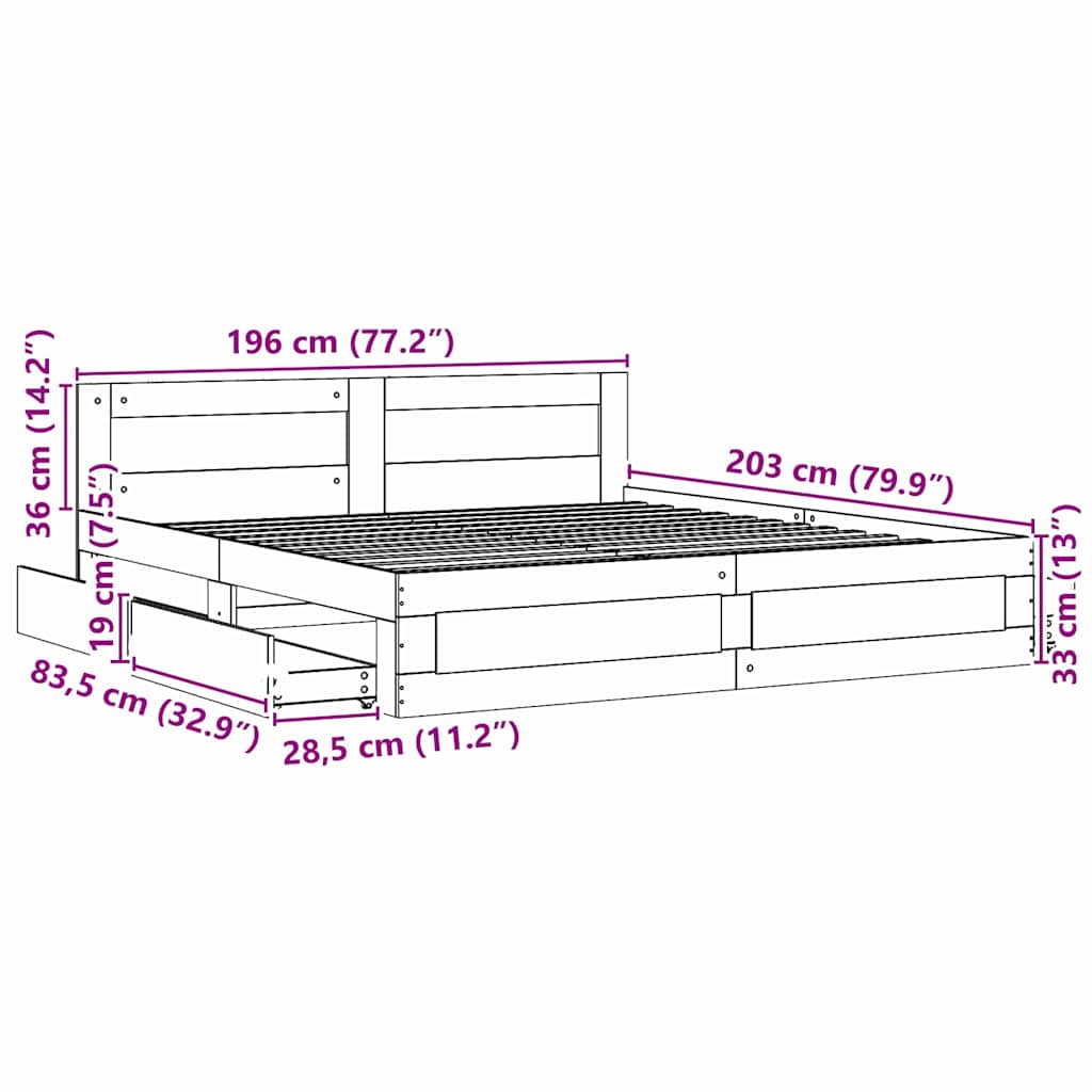Sengestamme med skuff 2 pcs Sonoma 193 x 203 cm Konstruert tre