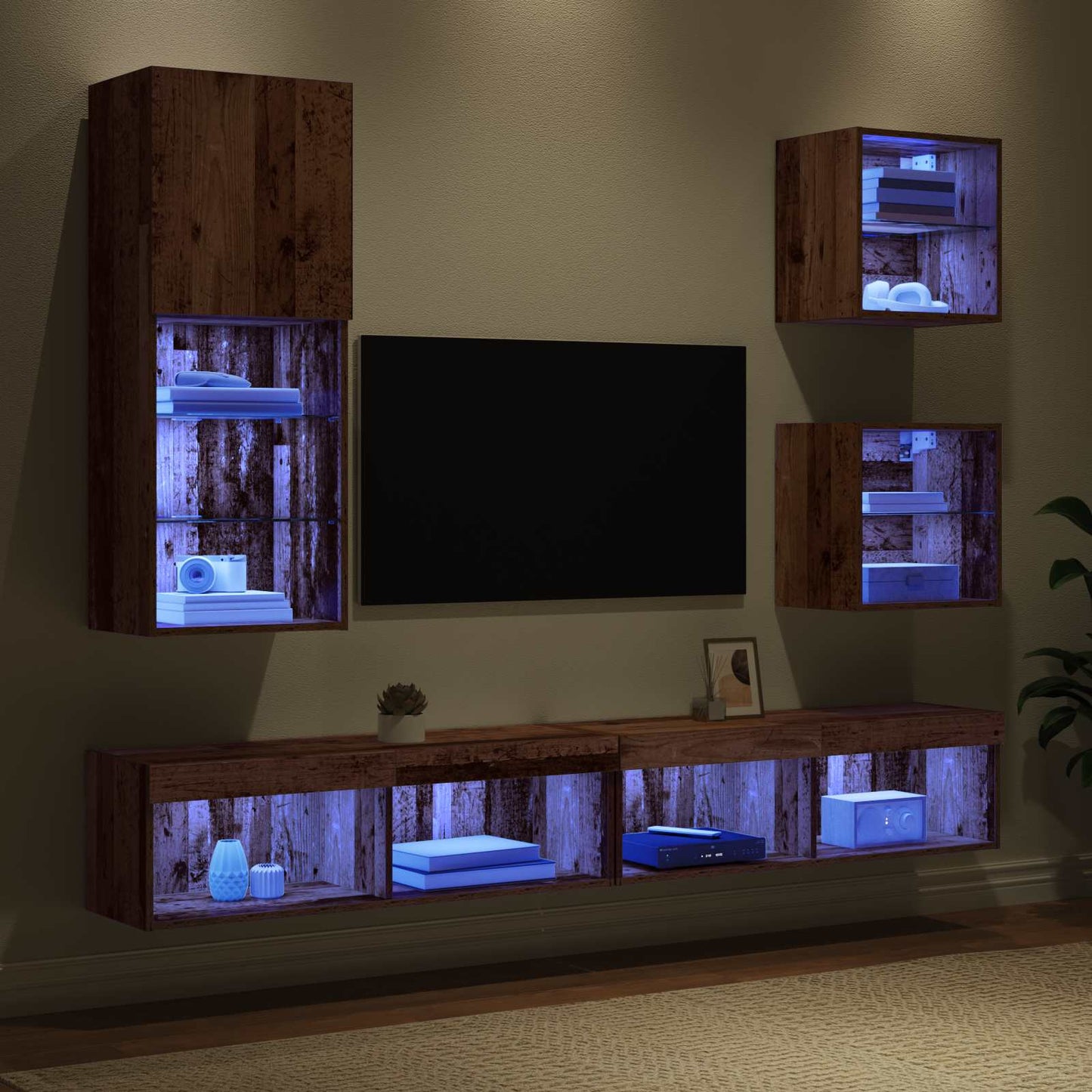 TV veggenheter med LED 5 pcs Gamle tre Konstruert tre