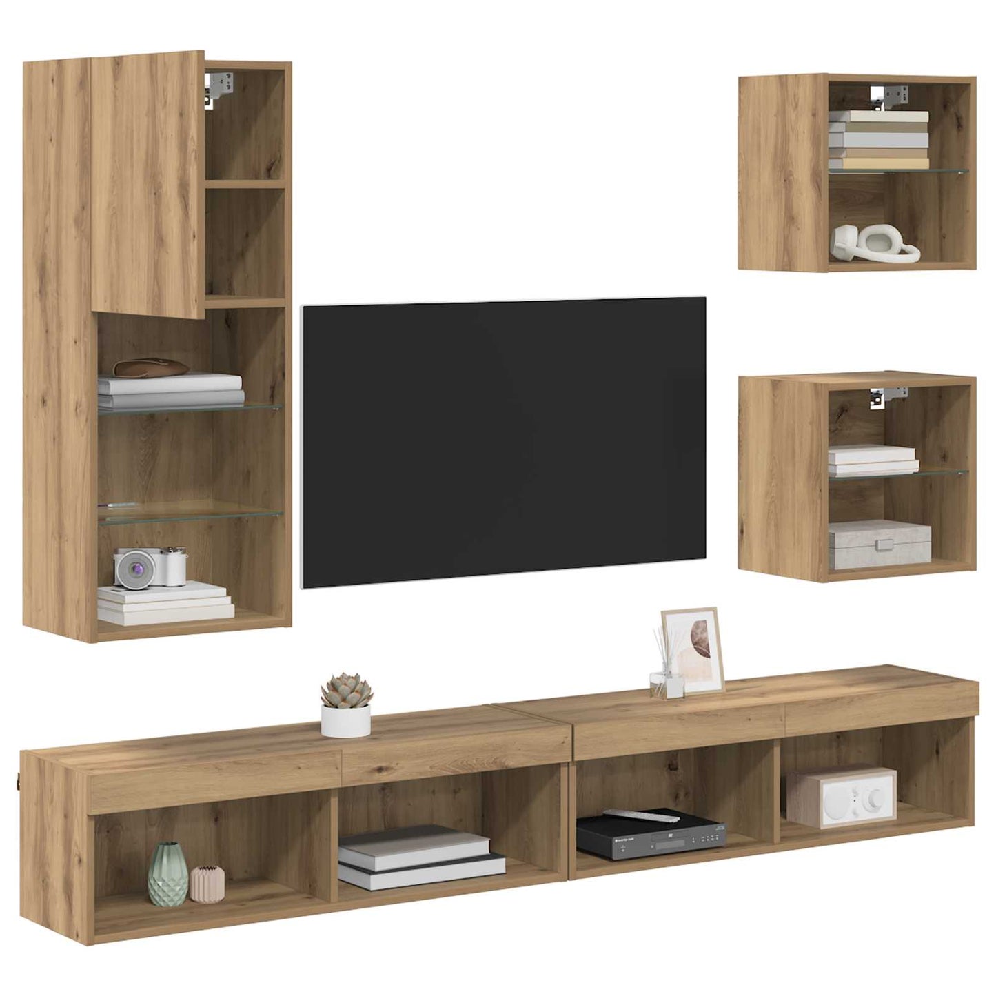 TV veggenheter med LED 5 pcs Artisan Eik Konstruert tre