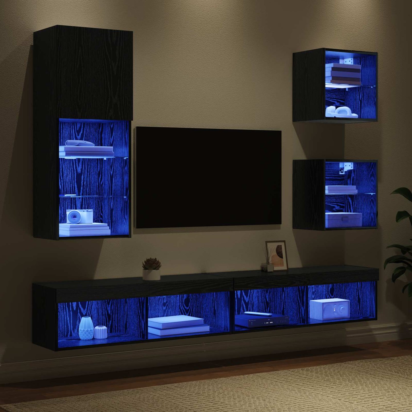 TV veggenheter med LED 5 pcs Svart Eik Konstruert tre