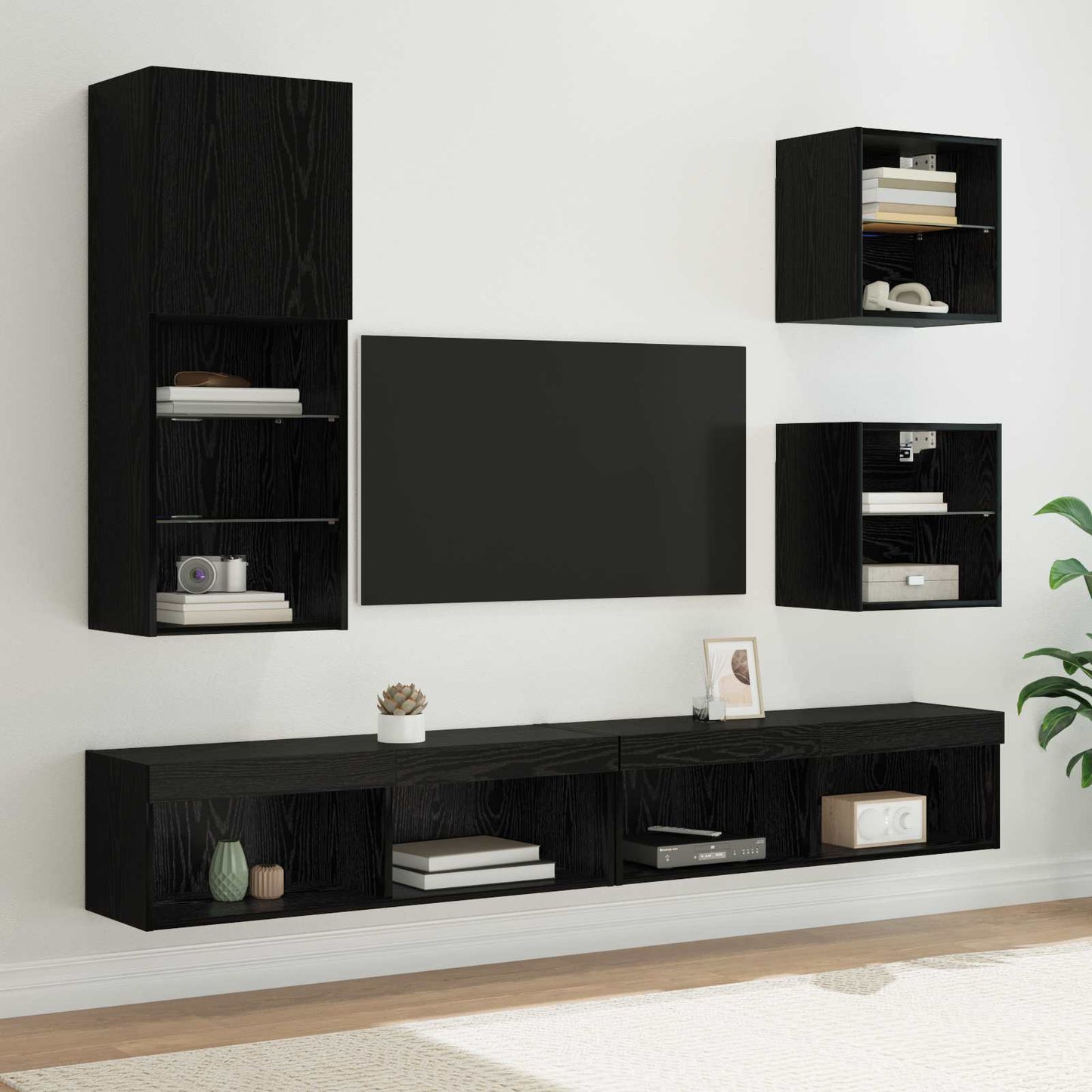 TV veggenheter med LED 5 pcs Svart Eik Konstruert tre