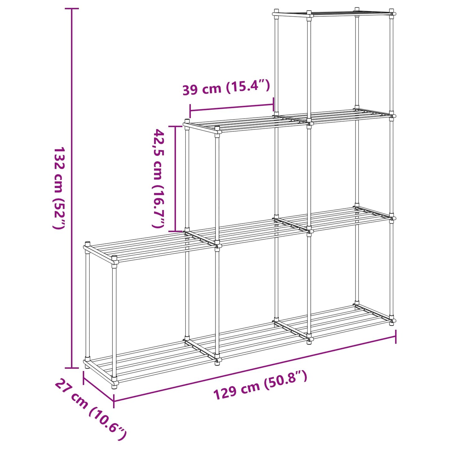 Tubular Shelf med lagring Hvit 129 x 27 x 132 cm Aluminium