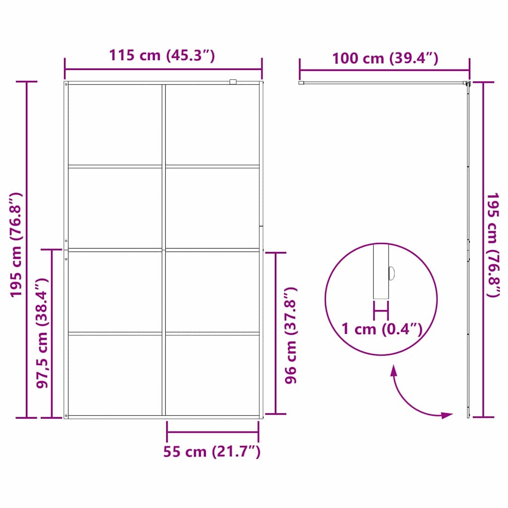 Walk-in Dusjvegg Svart 115 x 195 cm herdet glass