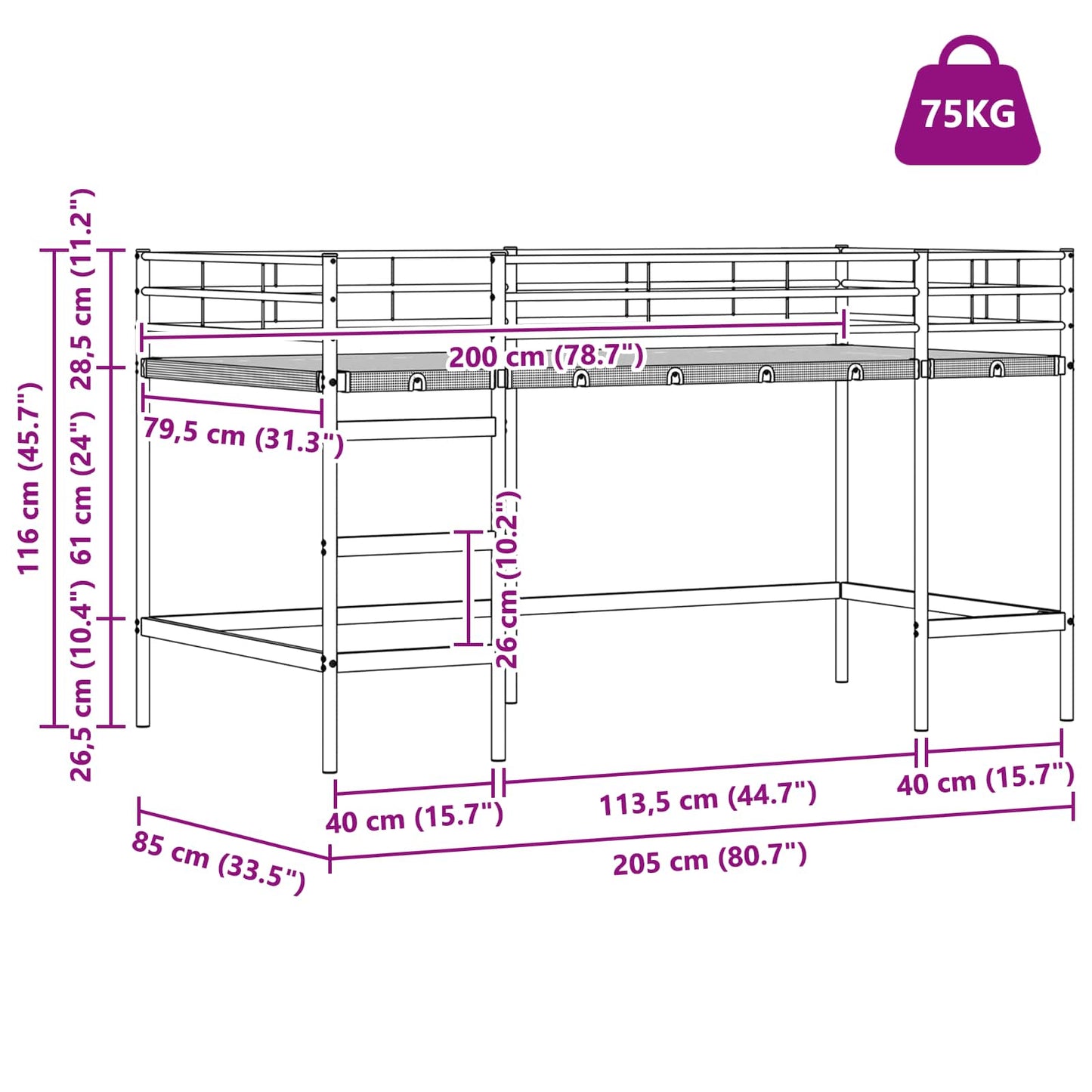 Barns Lofteseng Ensfarget Hvit 80 x 200 cm Stål