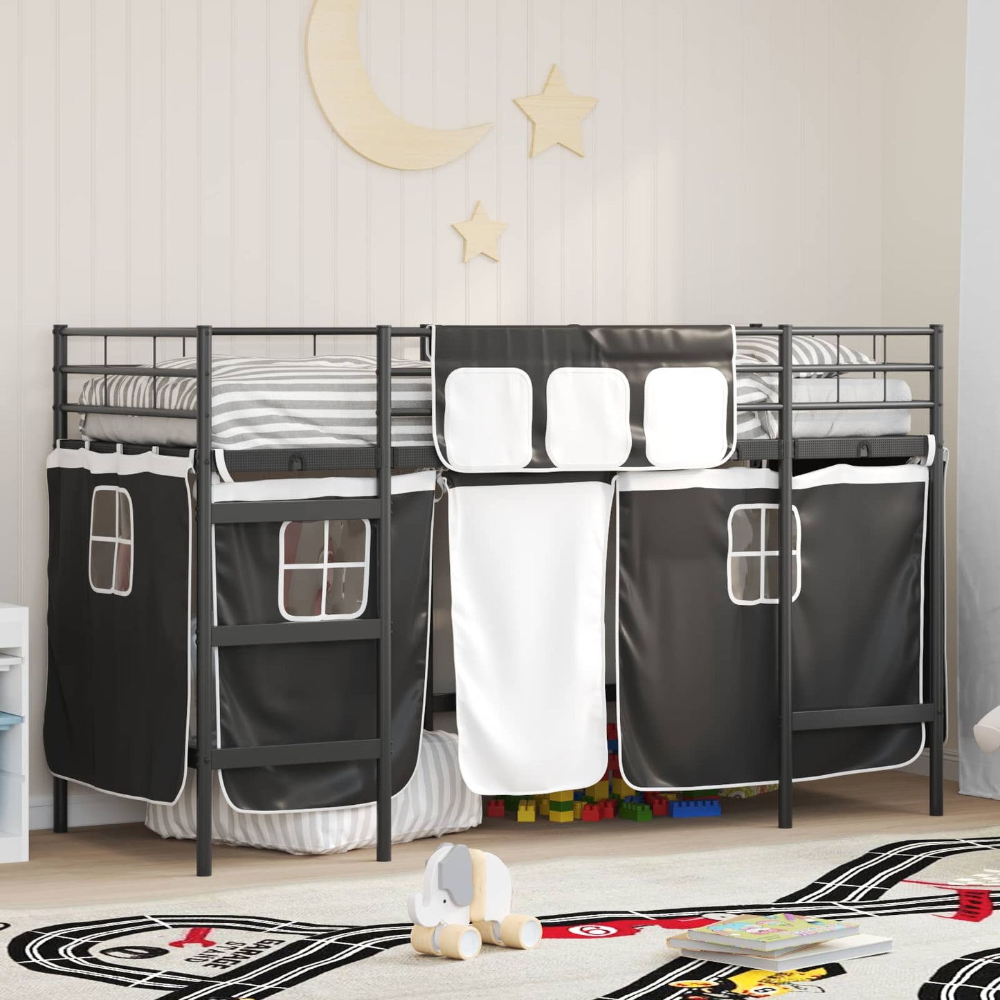 Kiddos Loft Senge Ramme med Gardiner Svart 75 x 190 cm