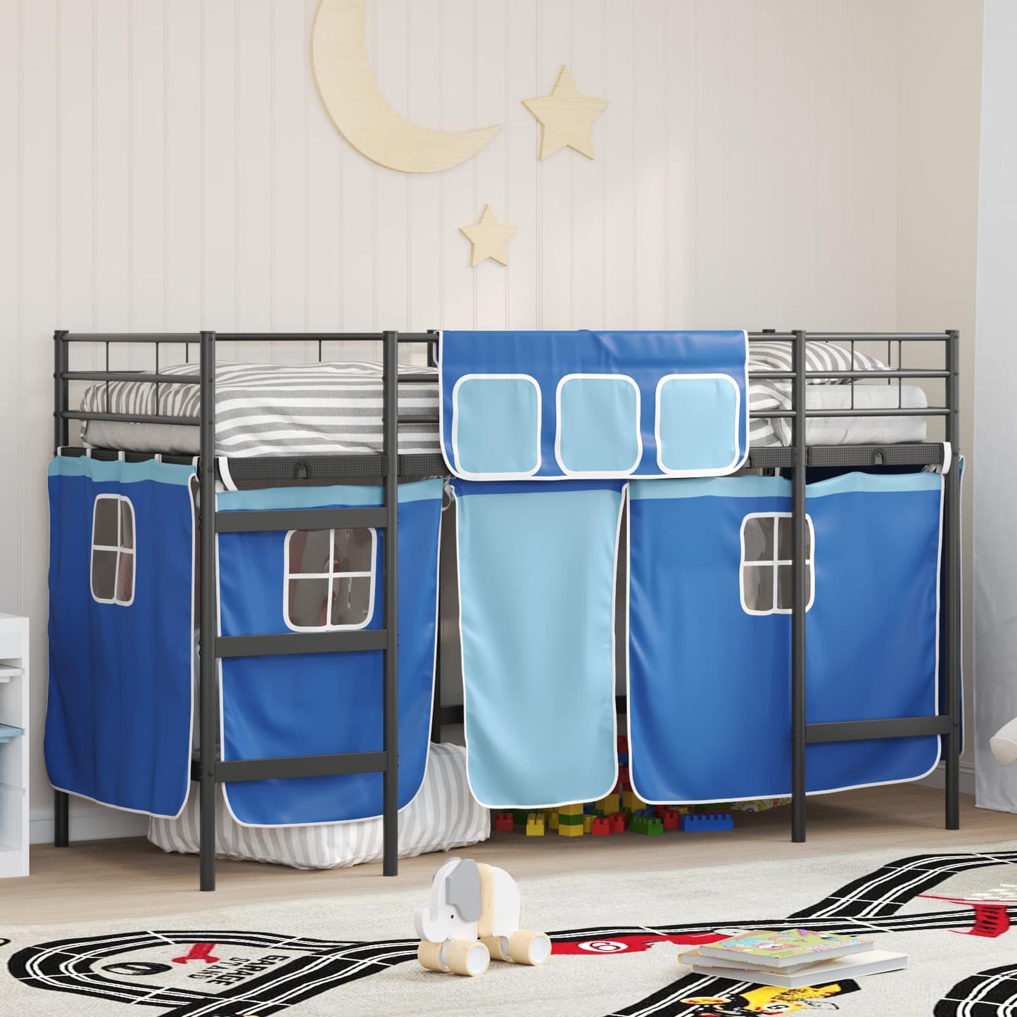 Kiddos Loft Senge Ramme med Gardiner Svart og Blå 90 x 190 cm