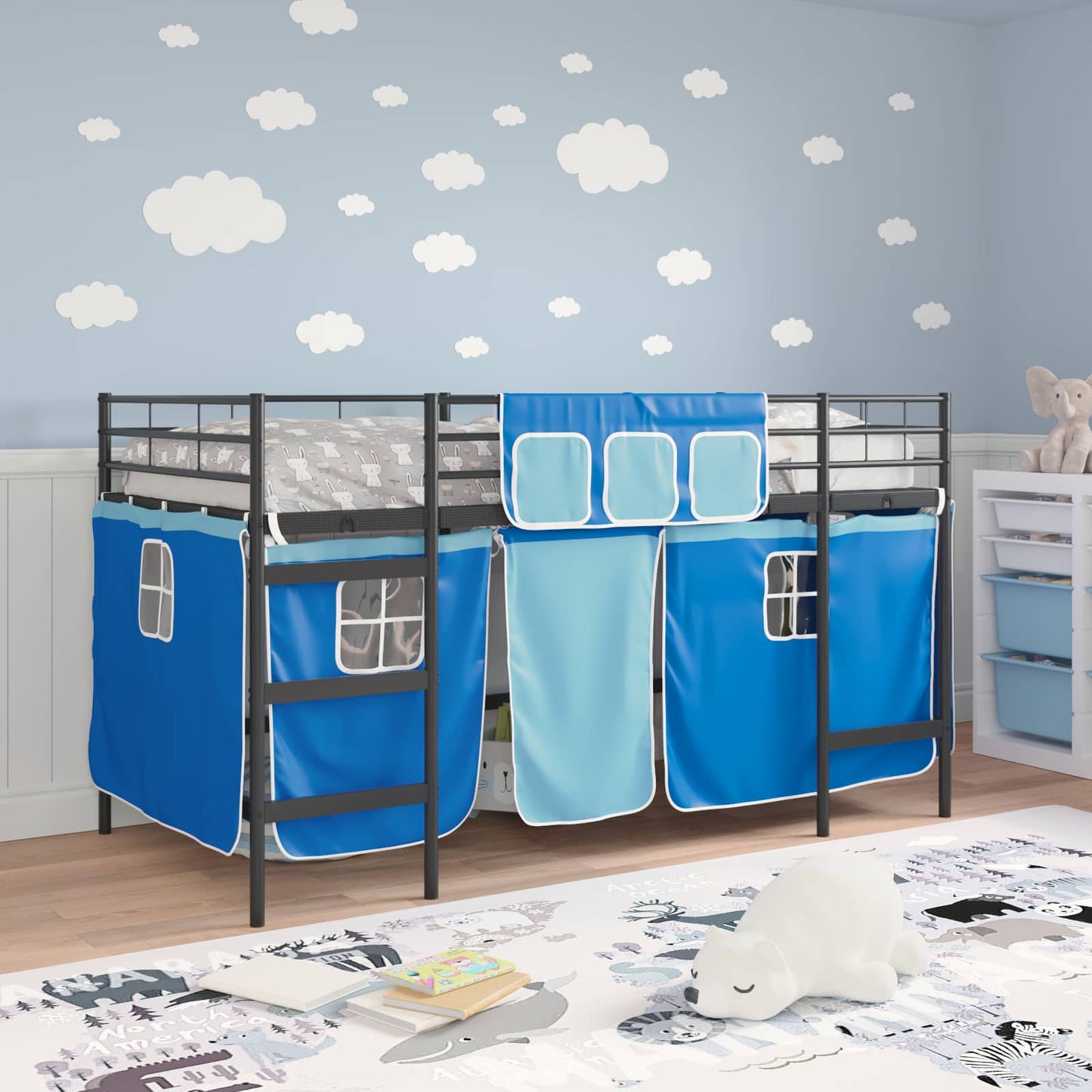 Kiddos Loft Senge Ramme med Gardiner Svart og Blå 90 x 200 cm