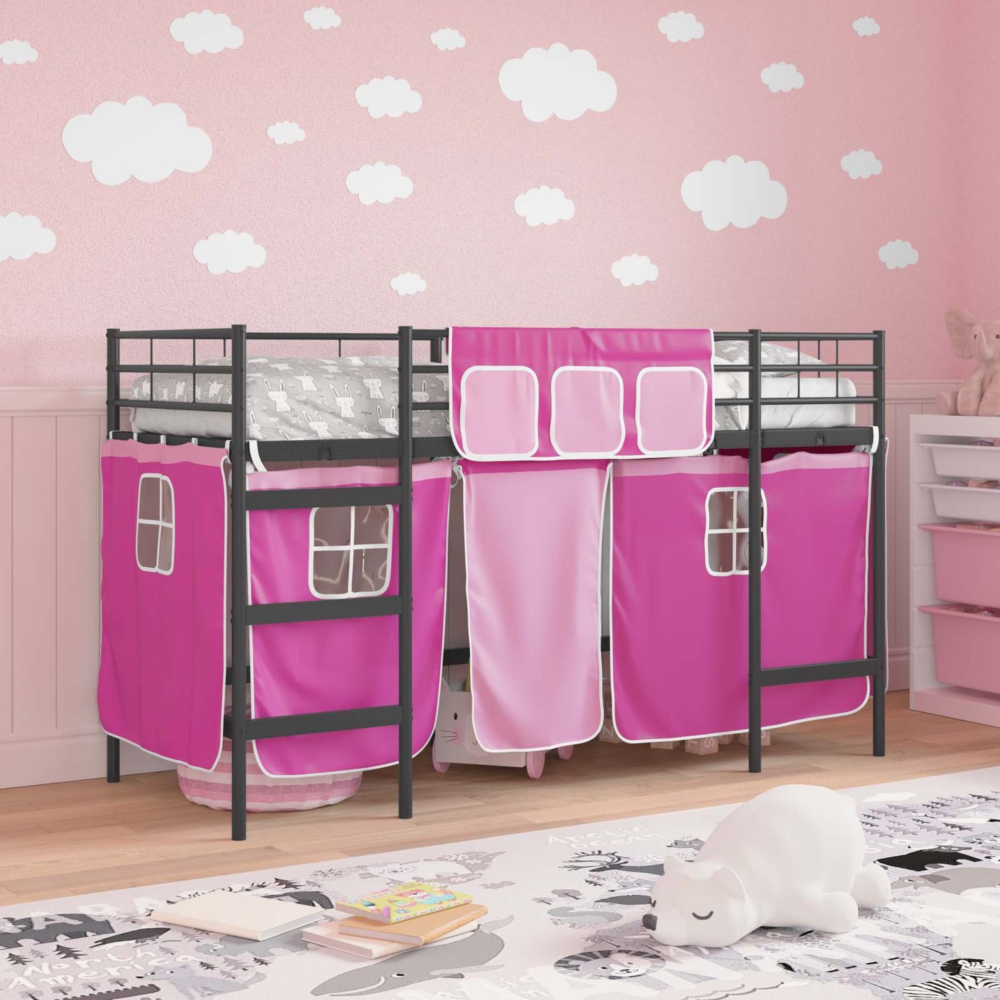 Kiddos Loft Senge Ramme med Gardiner Svart og Rosa 75 x 190 cm