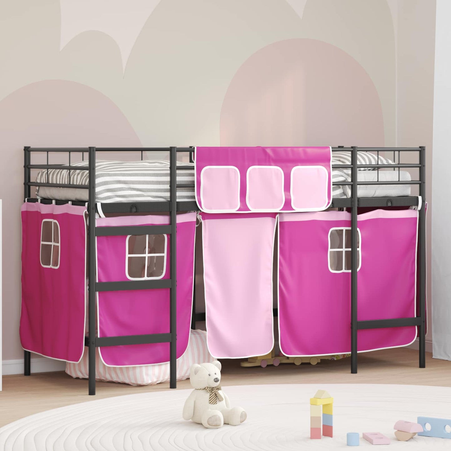 Kiddos Loft Senge Ramme med Gardiner Svart og Rosa 100 x 190 cm