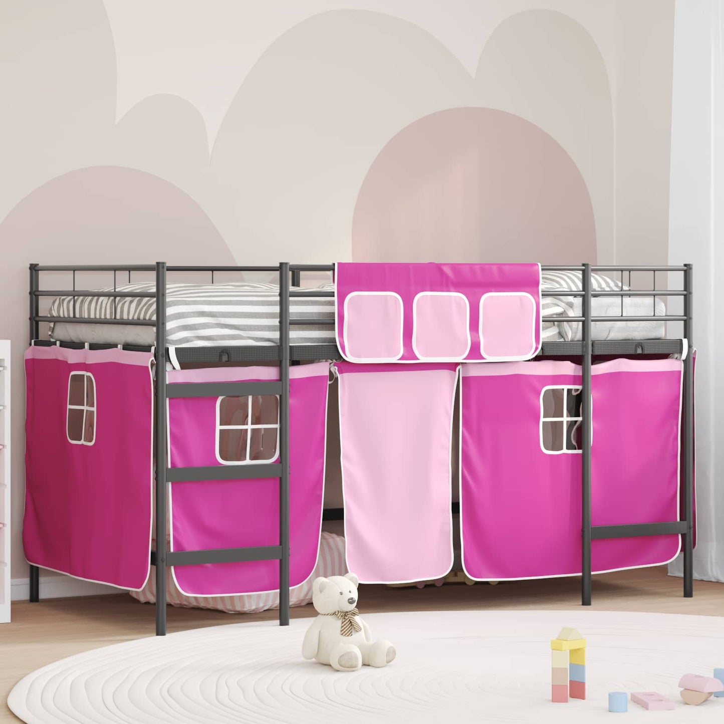 Køyeseng for barn med gardiner Svart og Rosa 107 x 203 cm