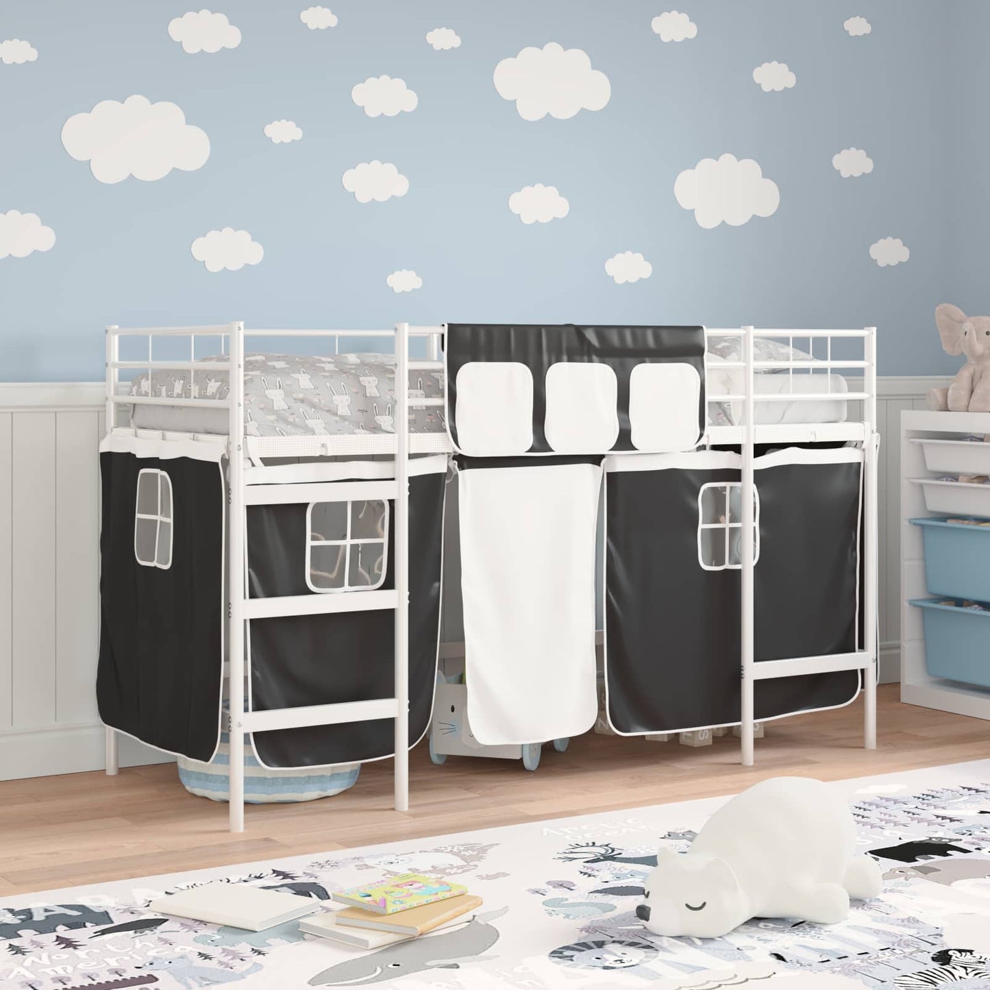 Kiddos Loft Senge Ramme med Gardiner Hvit og svart 100 x 190 cm