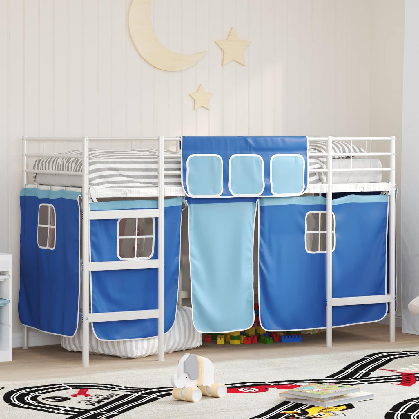 Kiddos Loft Senge Ramme med Gardiner Hvit og blå 100 x 190 cm