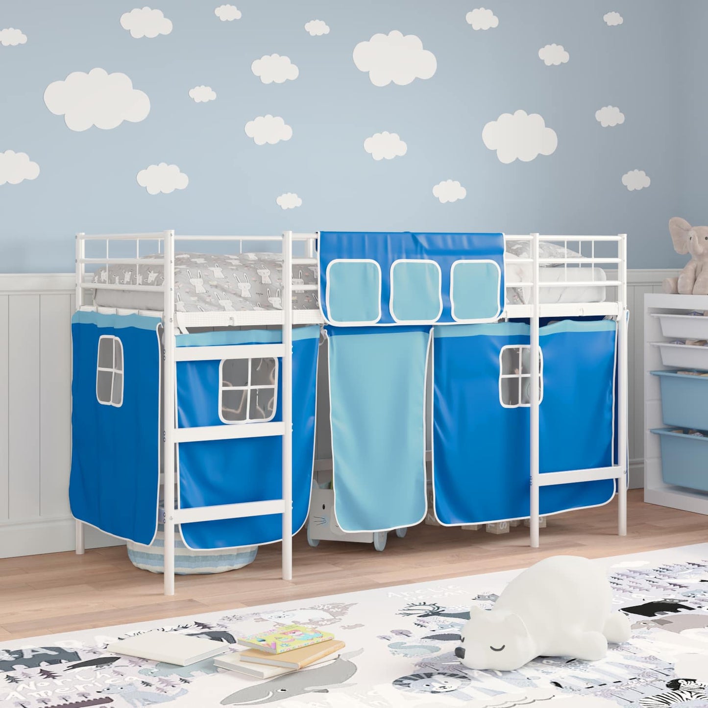 Kiddos Loft Senge Ramme med Gardiner Hvit og blå 100 x 190 cm