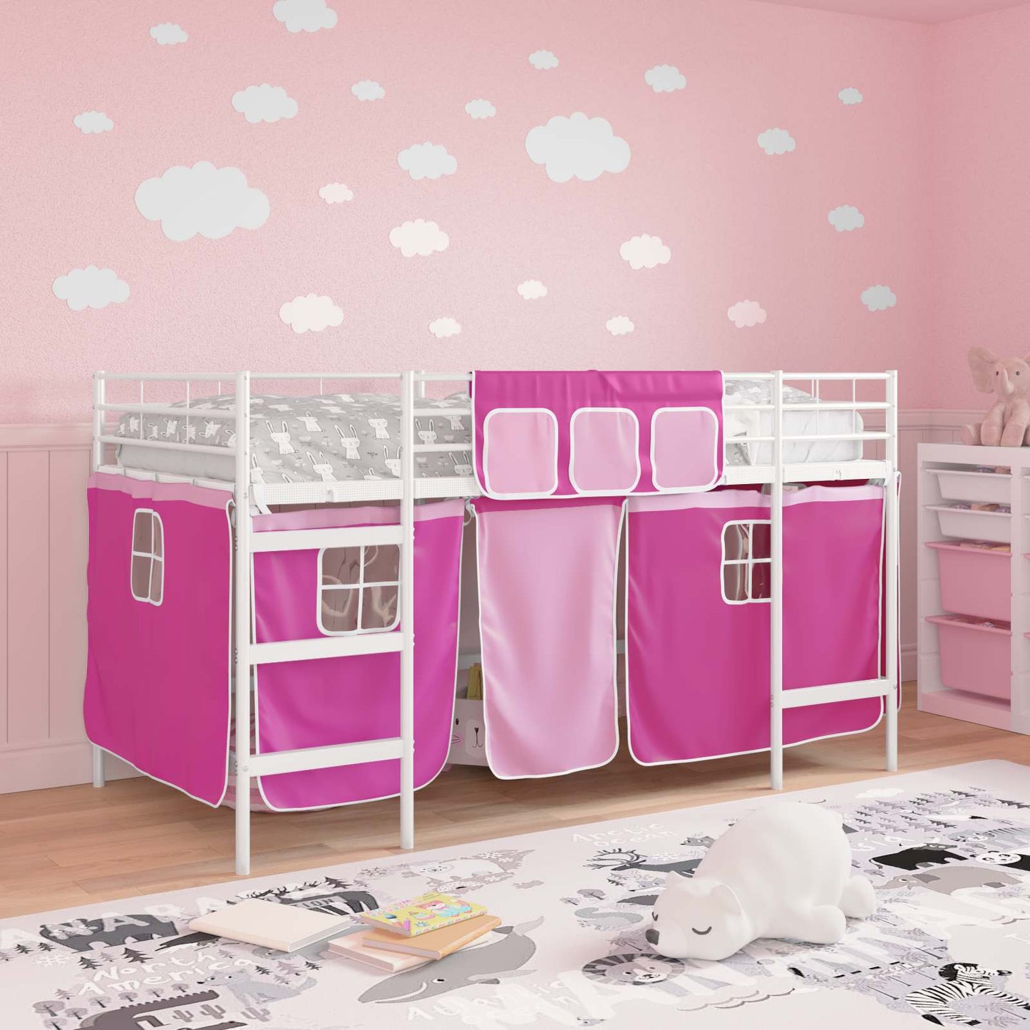 Kiddos Loft Senge Ramme med Gardiner Hvit og Rosa 80 x 200 cm