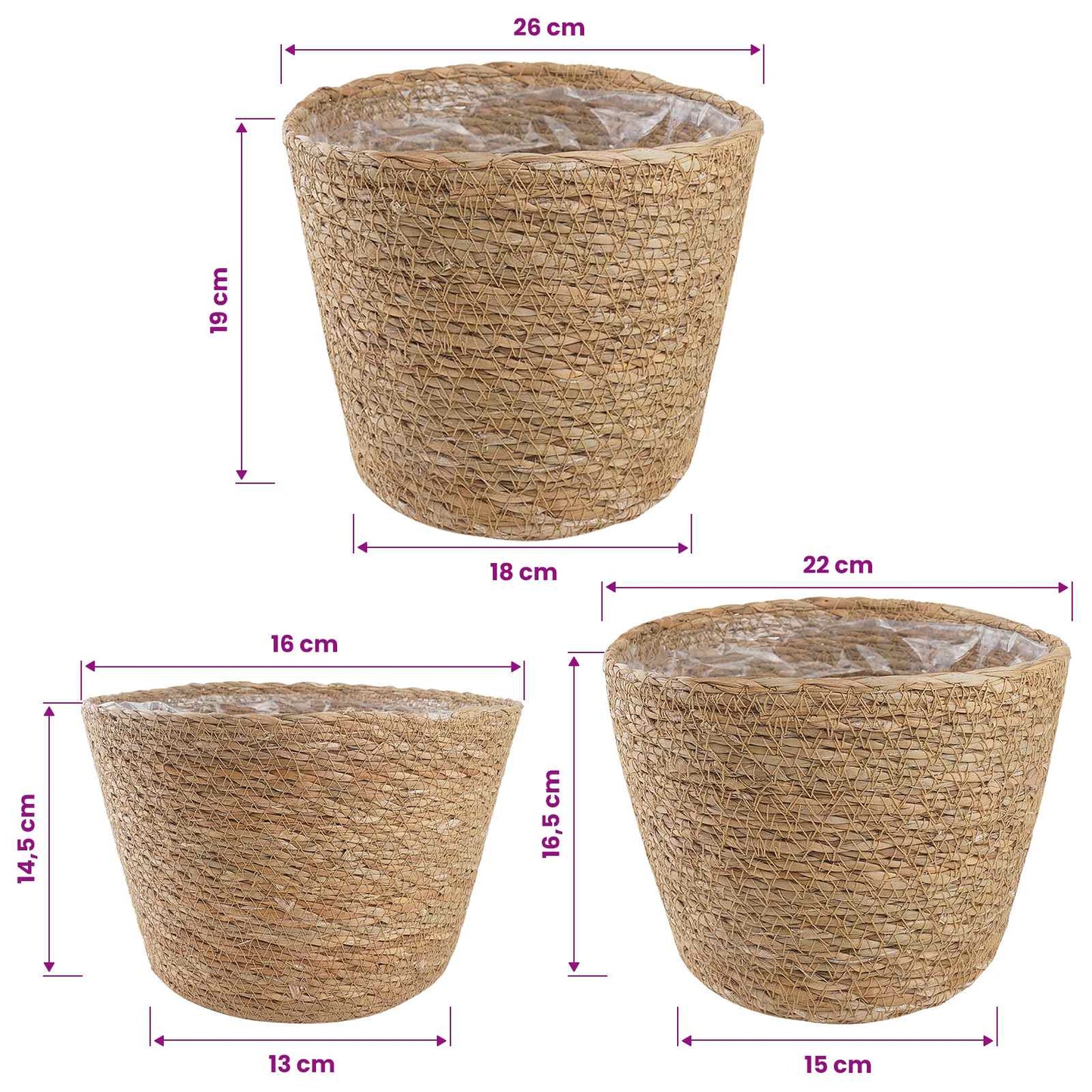 Sjøgress plantekurver 3 pcs Naturlig Ø26 x 19 cm 100% sjøgress