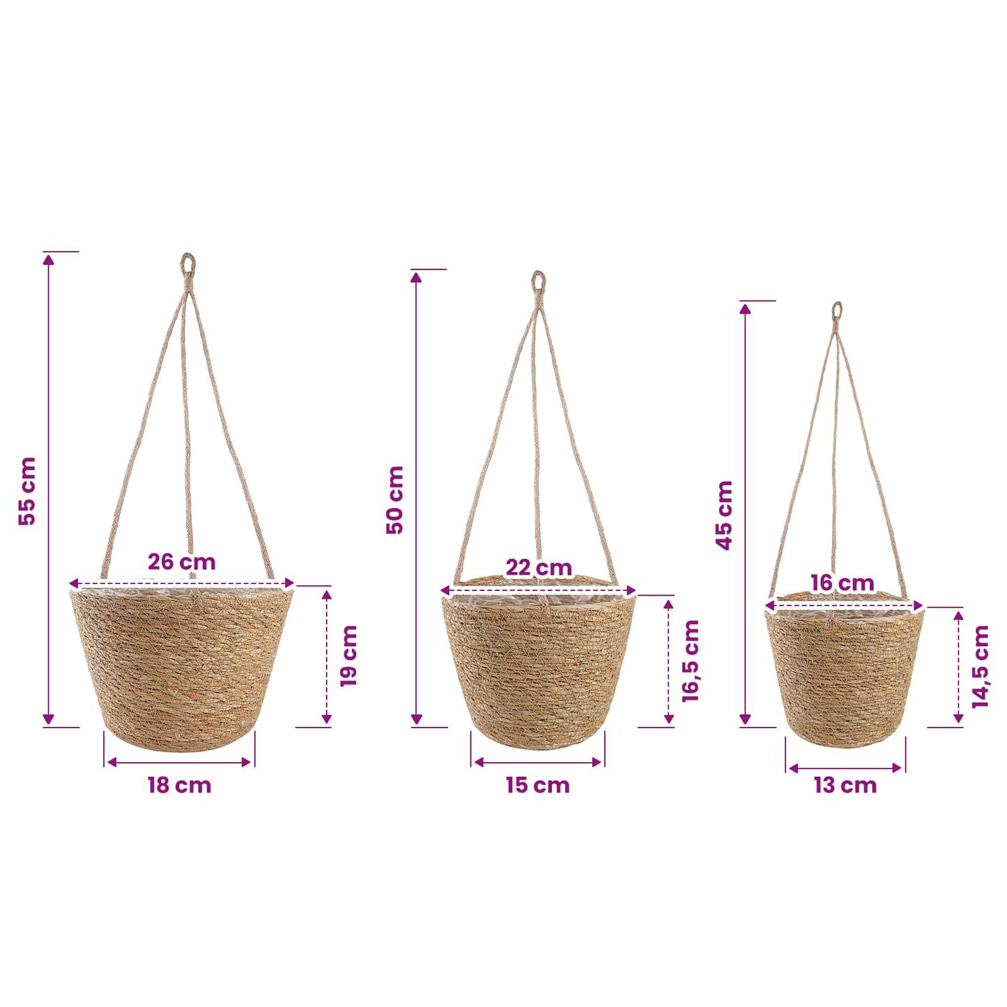 Sjøgress plantekurver 3 pcs Naturlig Ø26 x 19 cm 100% sjøgress