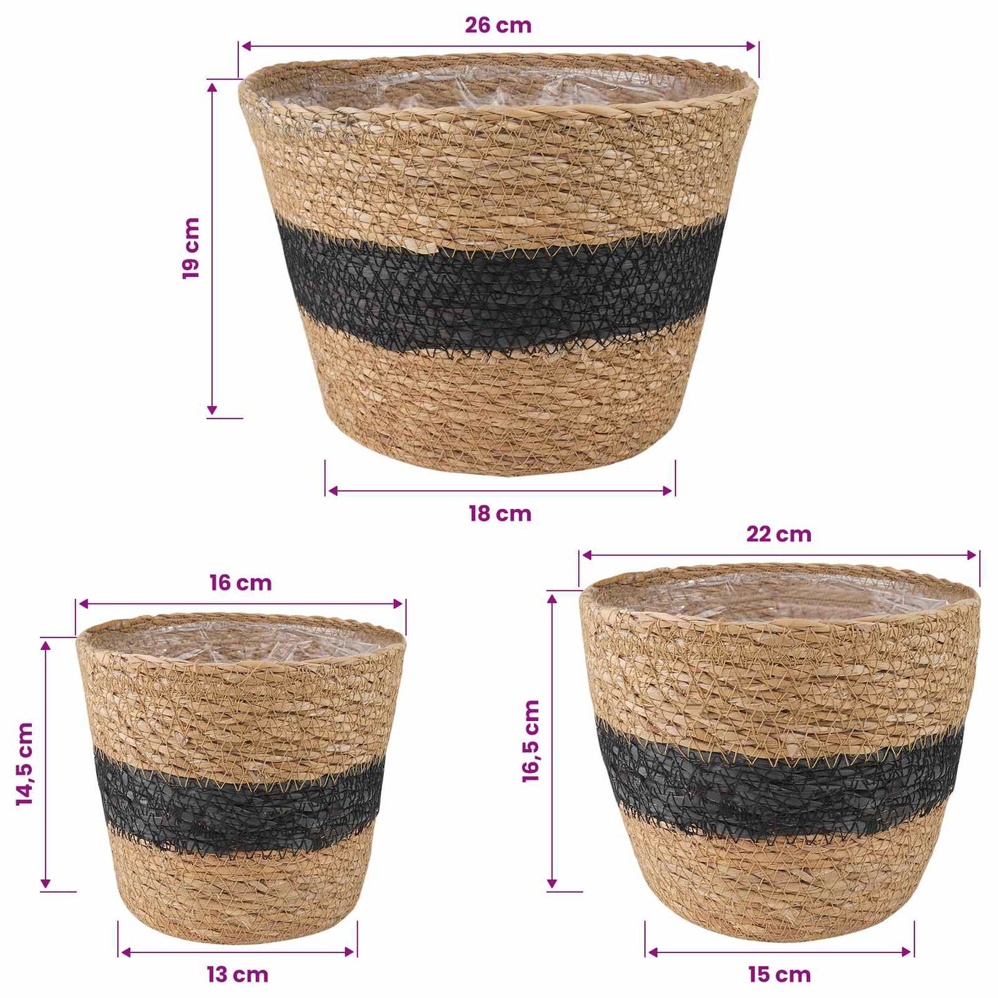 Sjøgress plantekurver 3 pcs Naturlig og svart Ø26 x 19 cm