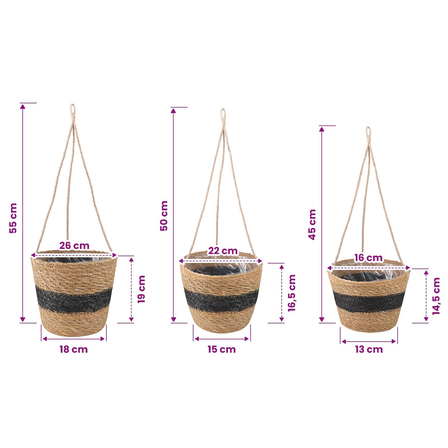 Sjøgress plantekurver 3 pcs Naturlig og svart Ø26 x 19 cm