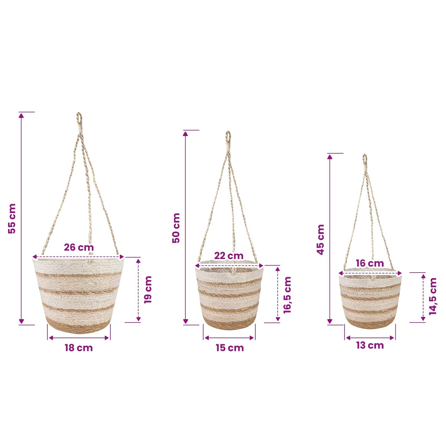 Sjøgress plantekurver 3 pcs Naturlig, Hvit og Beige Ø26 x 19 cm
