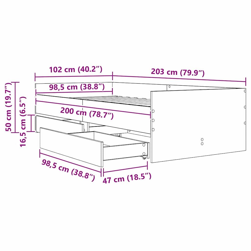 Sengestamme med skuff Svart Eik 100 x 200 cm Massiv furu