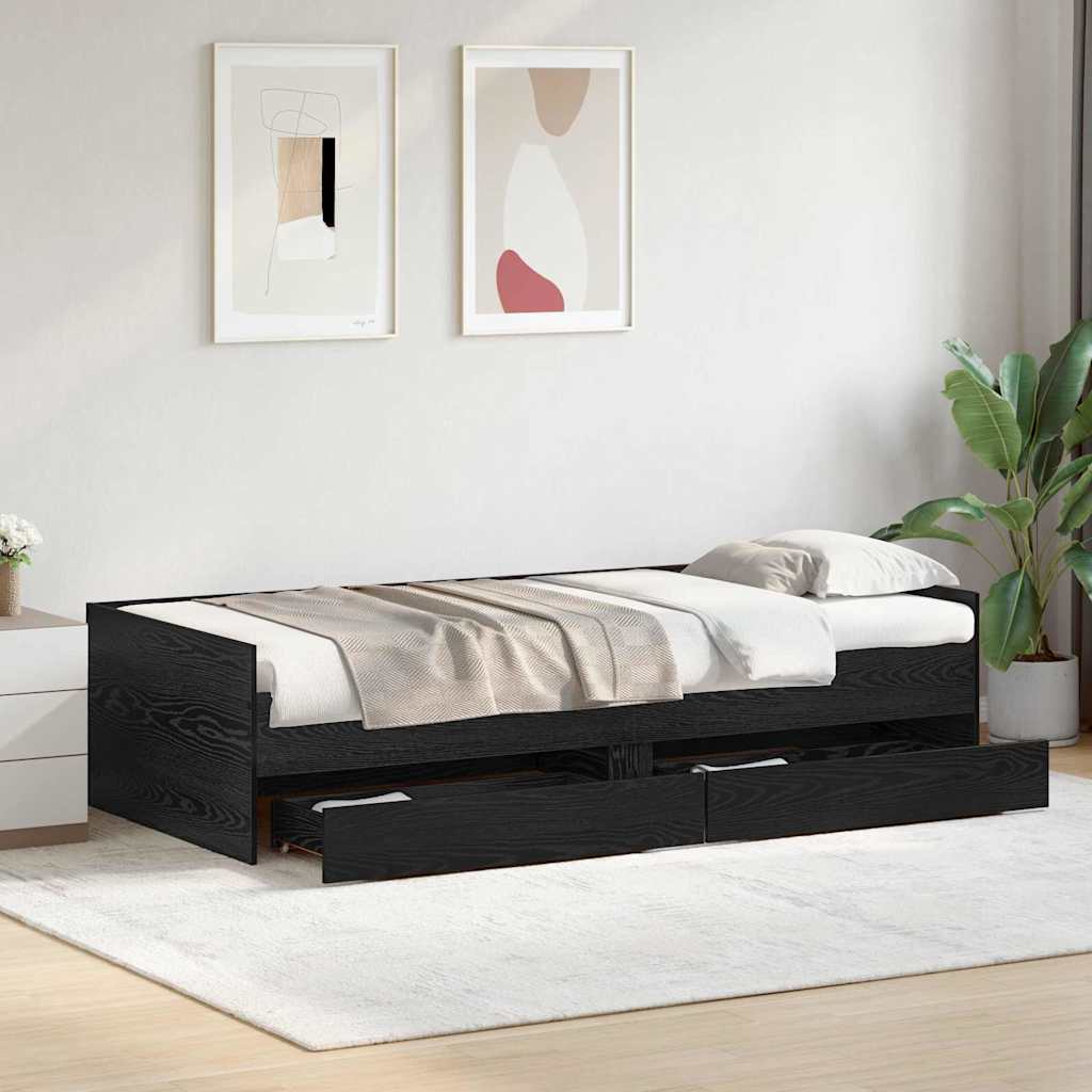 Sengestamme med skuff Svart Eik 90 x 190 cm Massiv furu