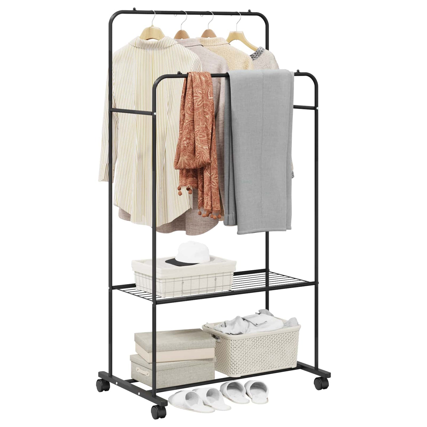 Klesstativ med hylle med hjul Svart 80 x 53 x 156 cm