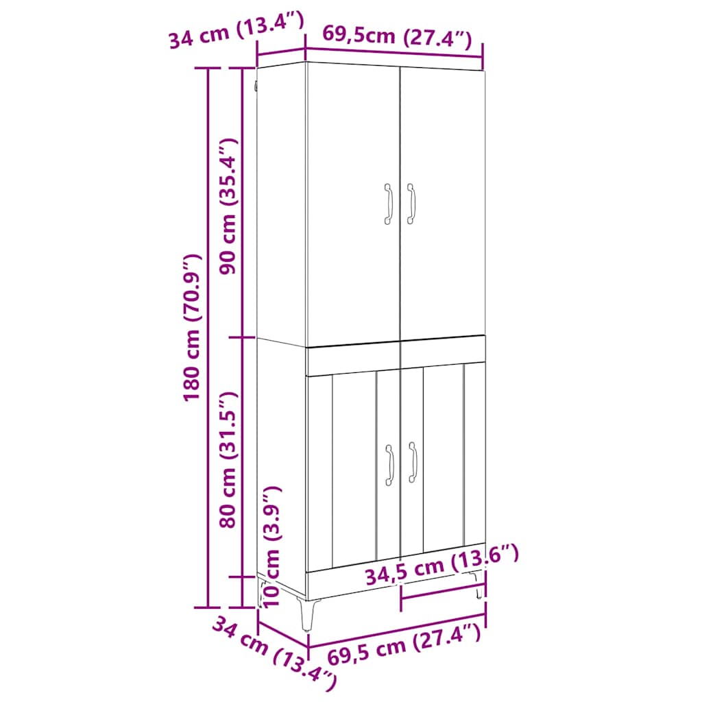 Høyskap Gamle tre 69,5 x 34 x 180 cm Konstruert tre
