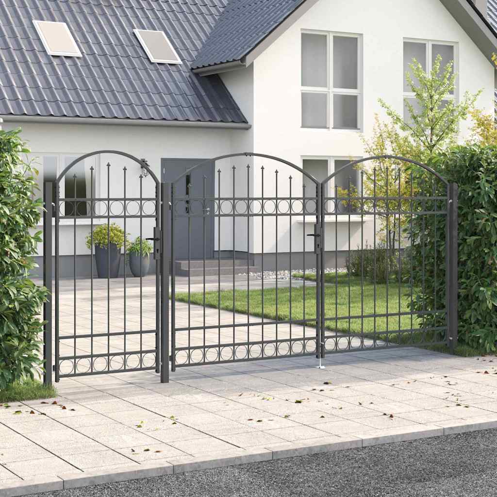 Hagegjerdeport med Bueformet Topp Assen Grå 400 x 125 cm Stål