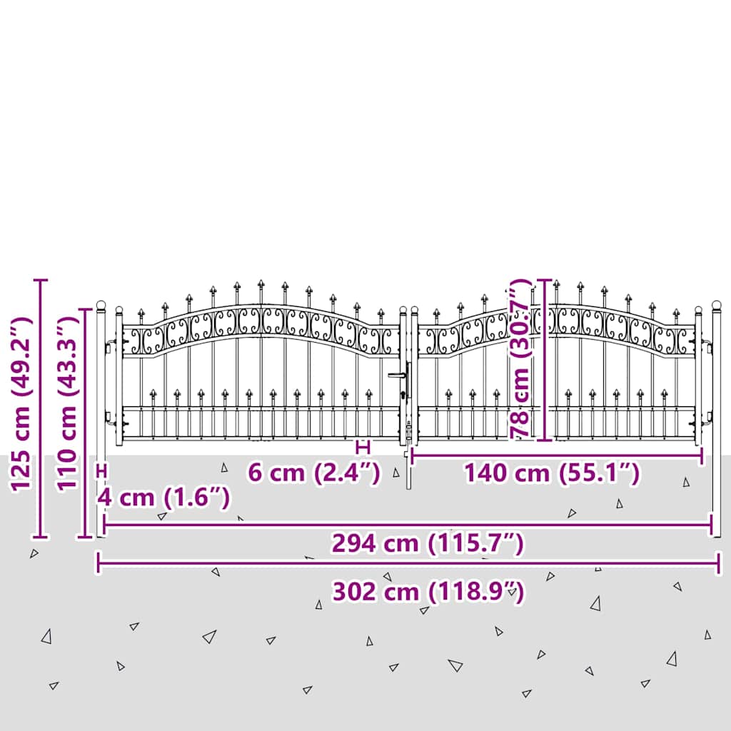 Gjerdedør med Lanse Topp KAMPEN 305 x 75 cm Stål Grå Låsbar