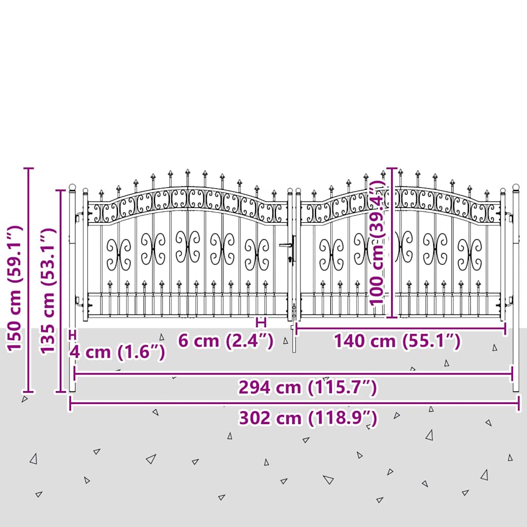 Gjerdedør med Lanse Topp KAMPEN 305 x 100 cm Stål Grå Låsbar