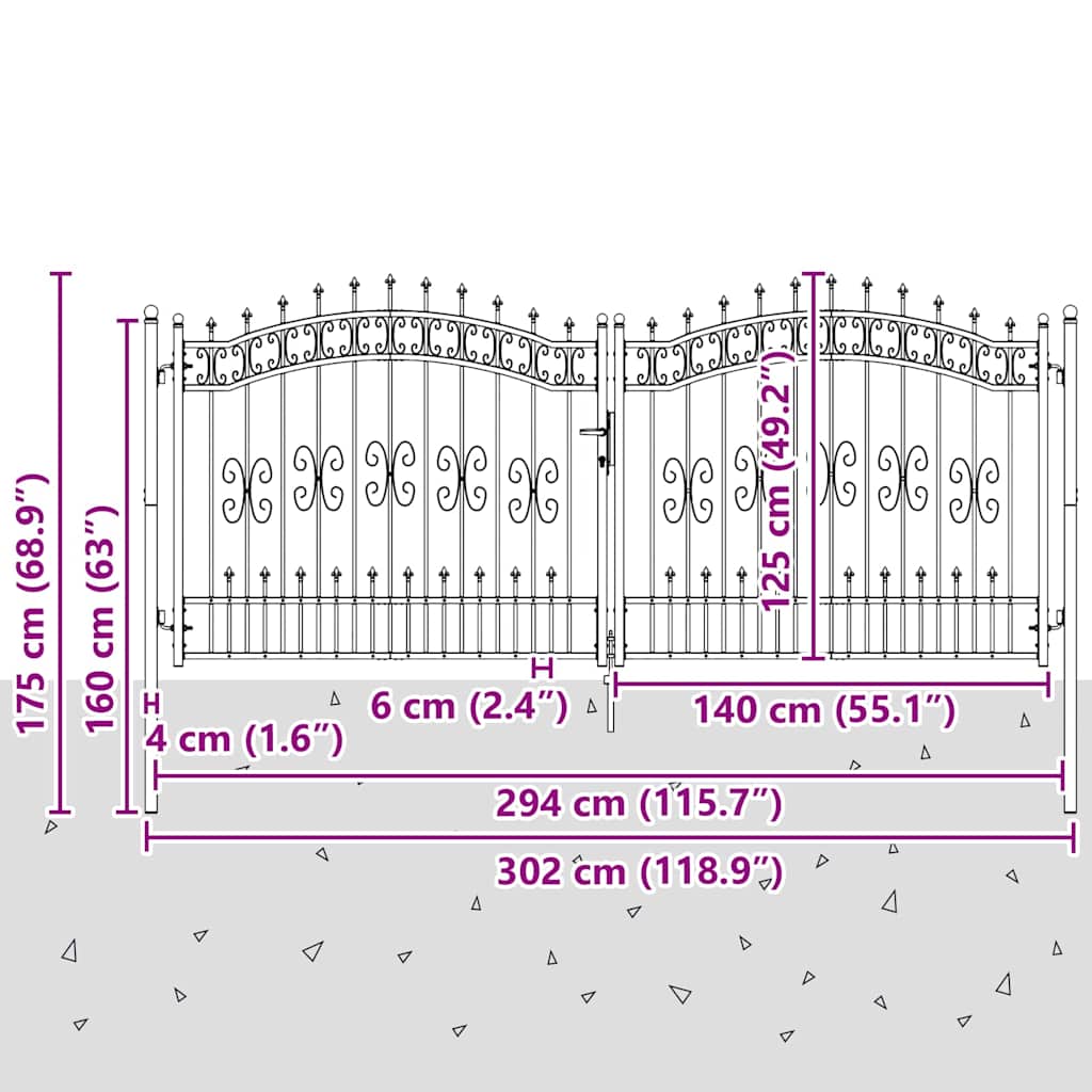 Gjerdedør med Lanse Topp KAMPEN 305 x 125 cm Stål Grå Låsbar