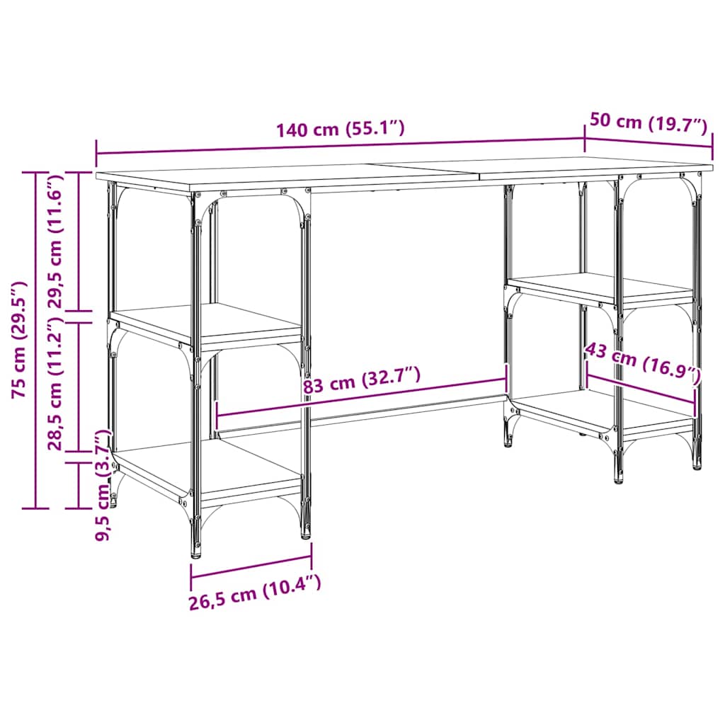 Skrivebord med hylle Svart Eik 140 x 50 x 75 cm Konstruert tre