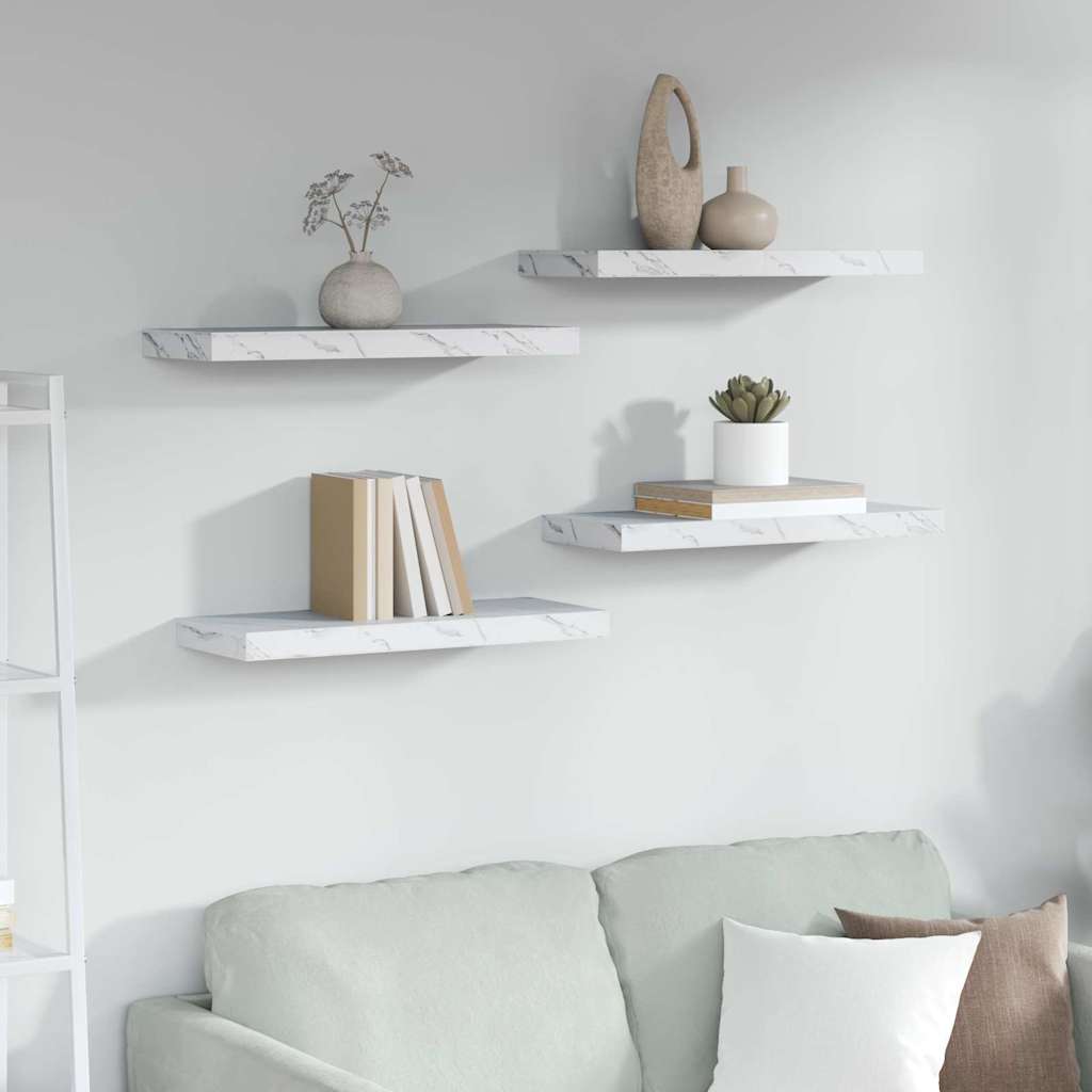 Vegghylle 4 pcs Hvit marmor 60 x 23 x 4 cm Konstruert tre