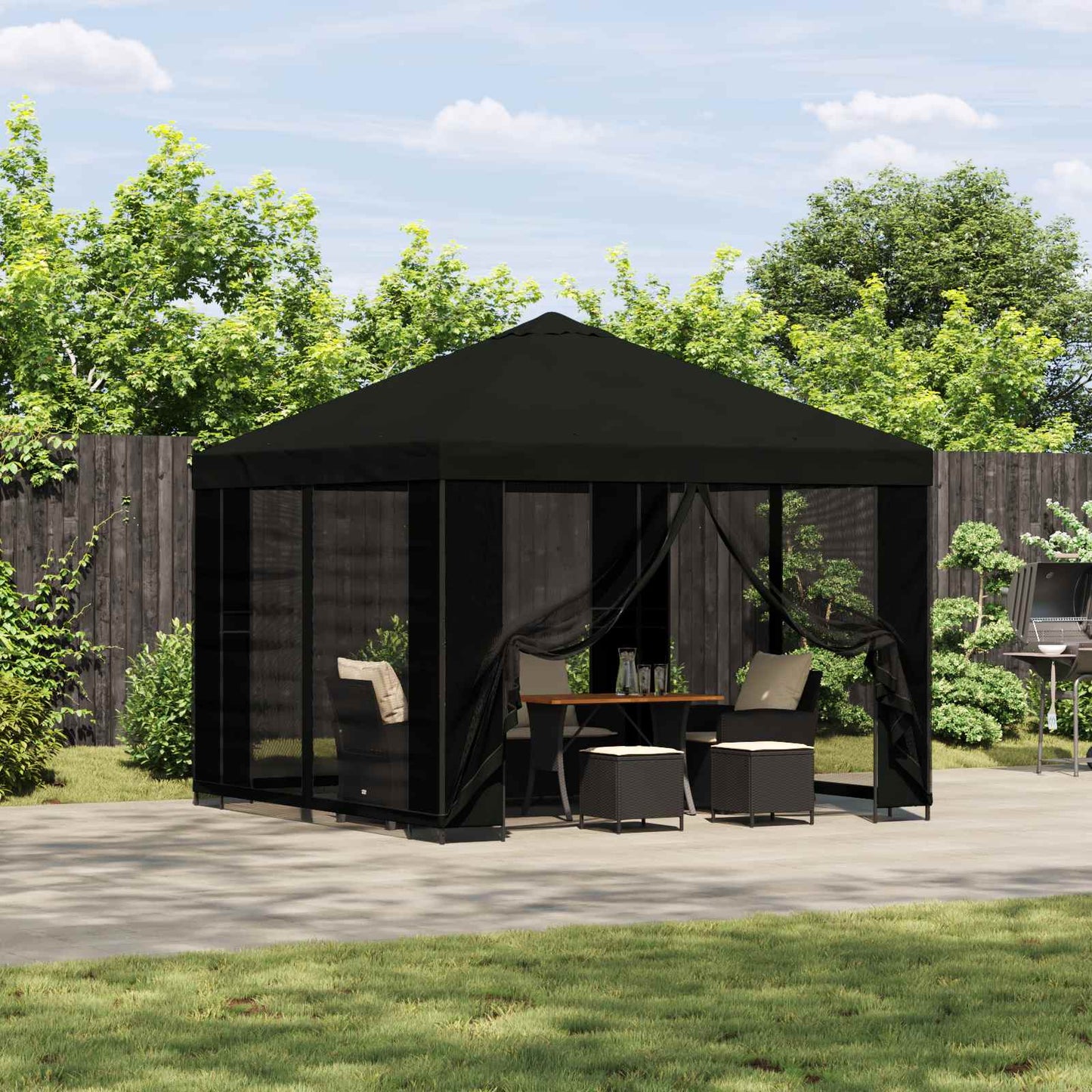 Hagepaviljong med sidevegger 3 x 3 m Svart Polyester og stål