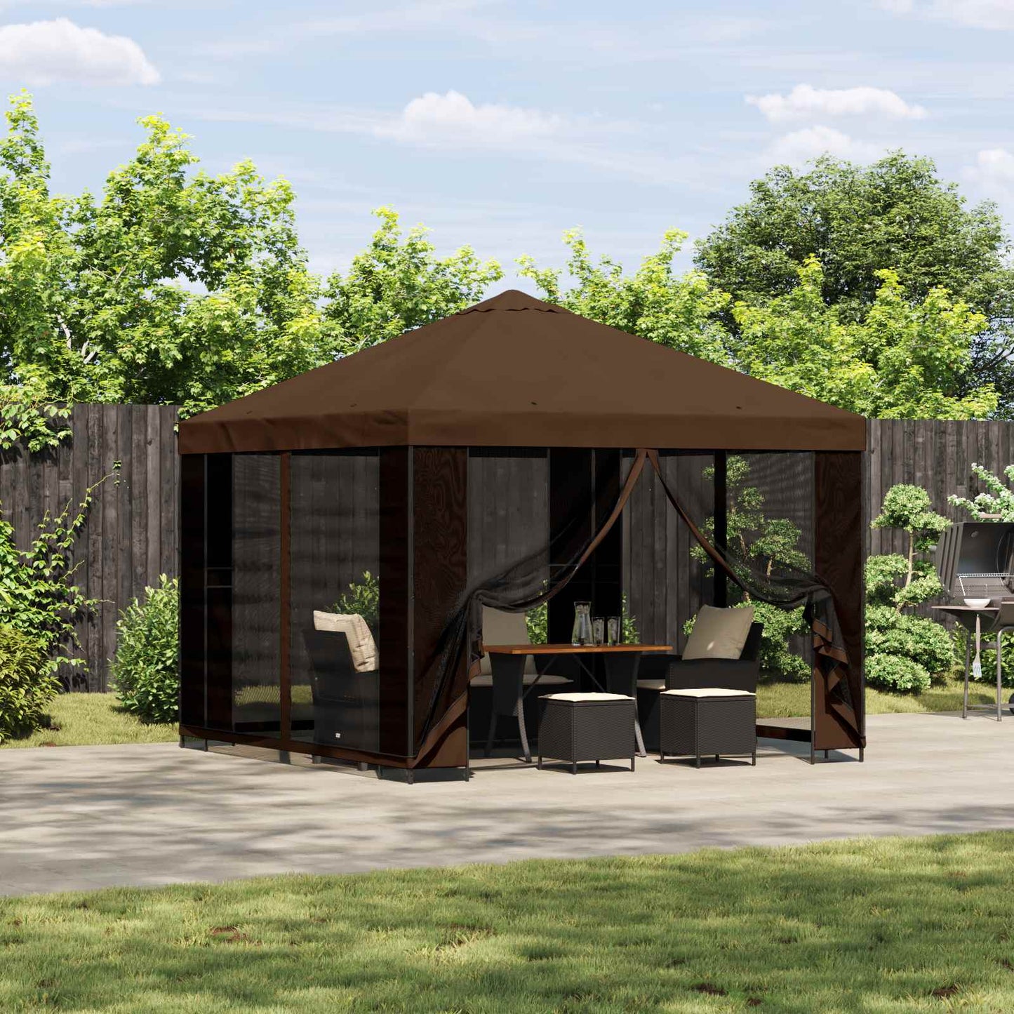 Hagepaviljong med sidevegger 3 x 3 m Brun Polyester og stål 190