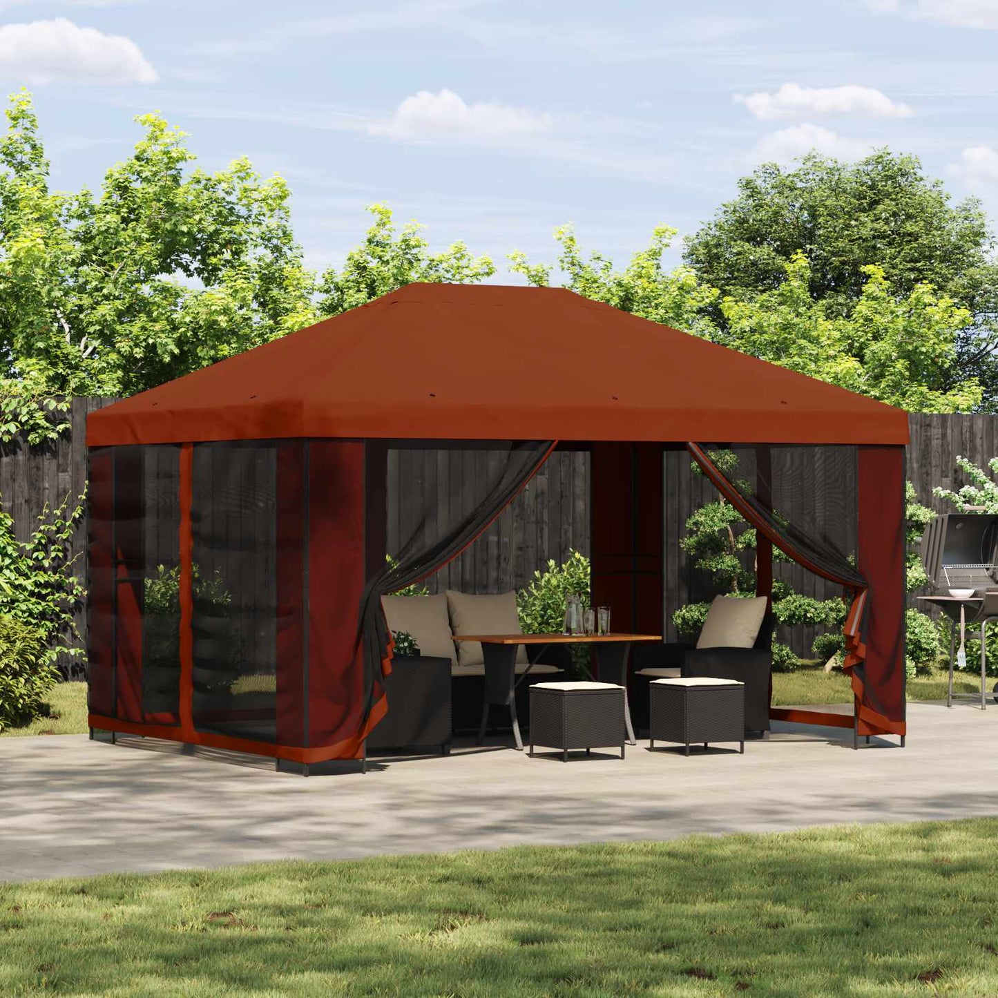 Paviljong med sidevegger 4 × 3 m Terrakotta Polyester og stål