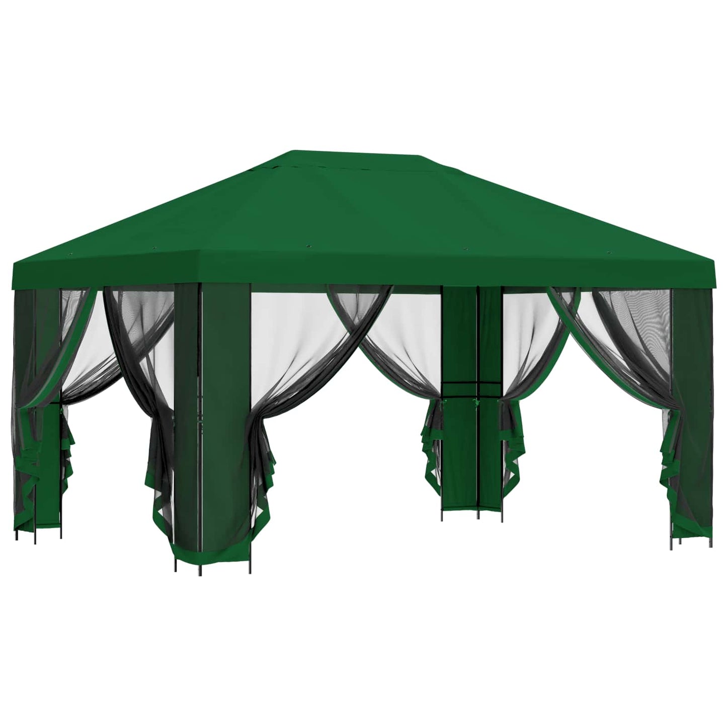 Hagepaviljong med sidevegger 4 × 3 m Grønn Polyester og stål