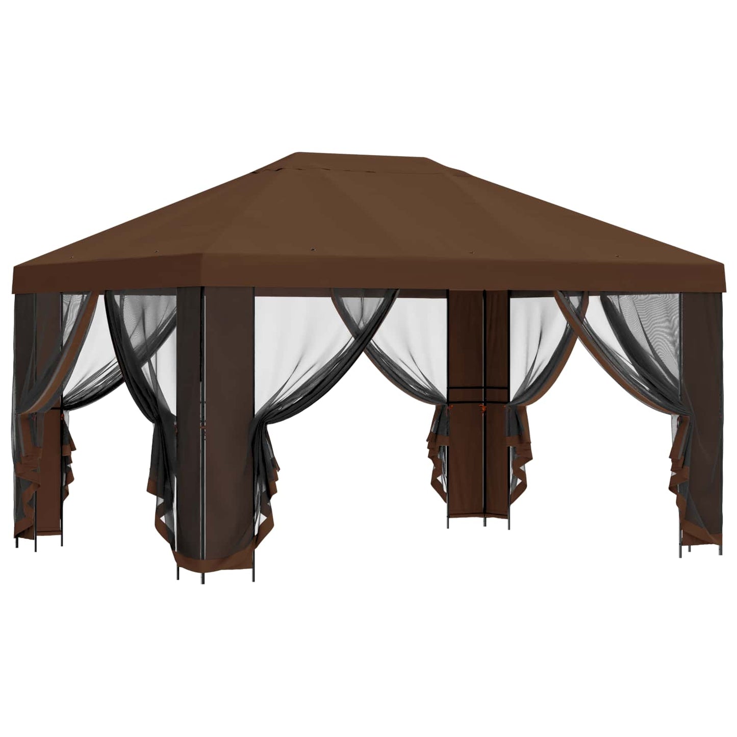 Hagepaviljong med sidevegger 4 × 3 m Brun Polyester og stål
