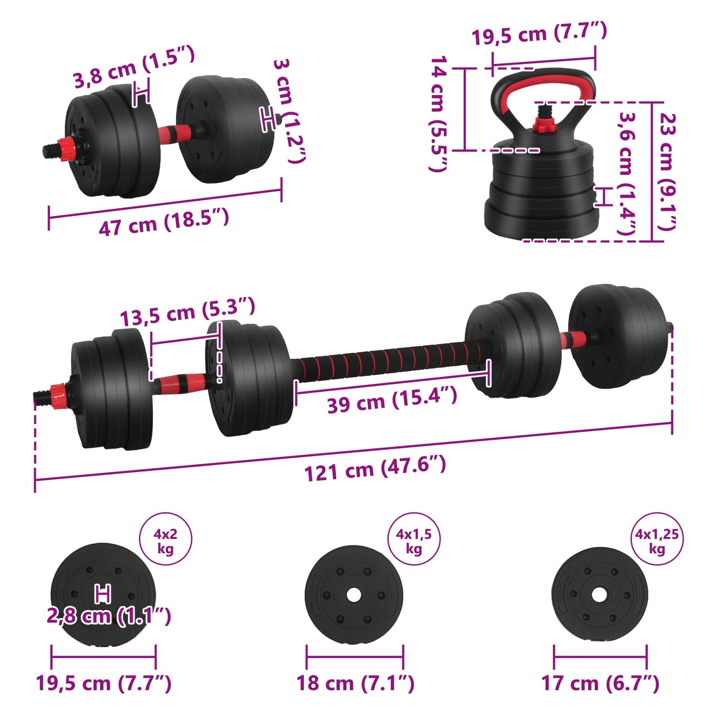 4-i-1 Manualvekt Barbell Kettlebell Sett 20 kg Svart og Rød