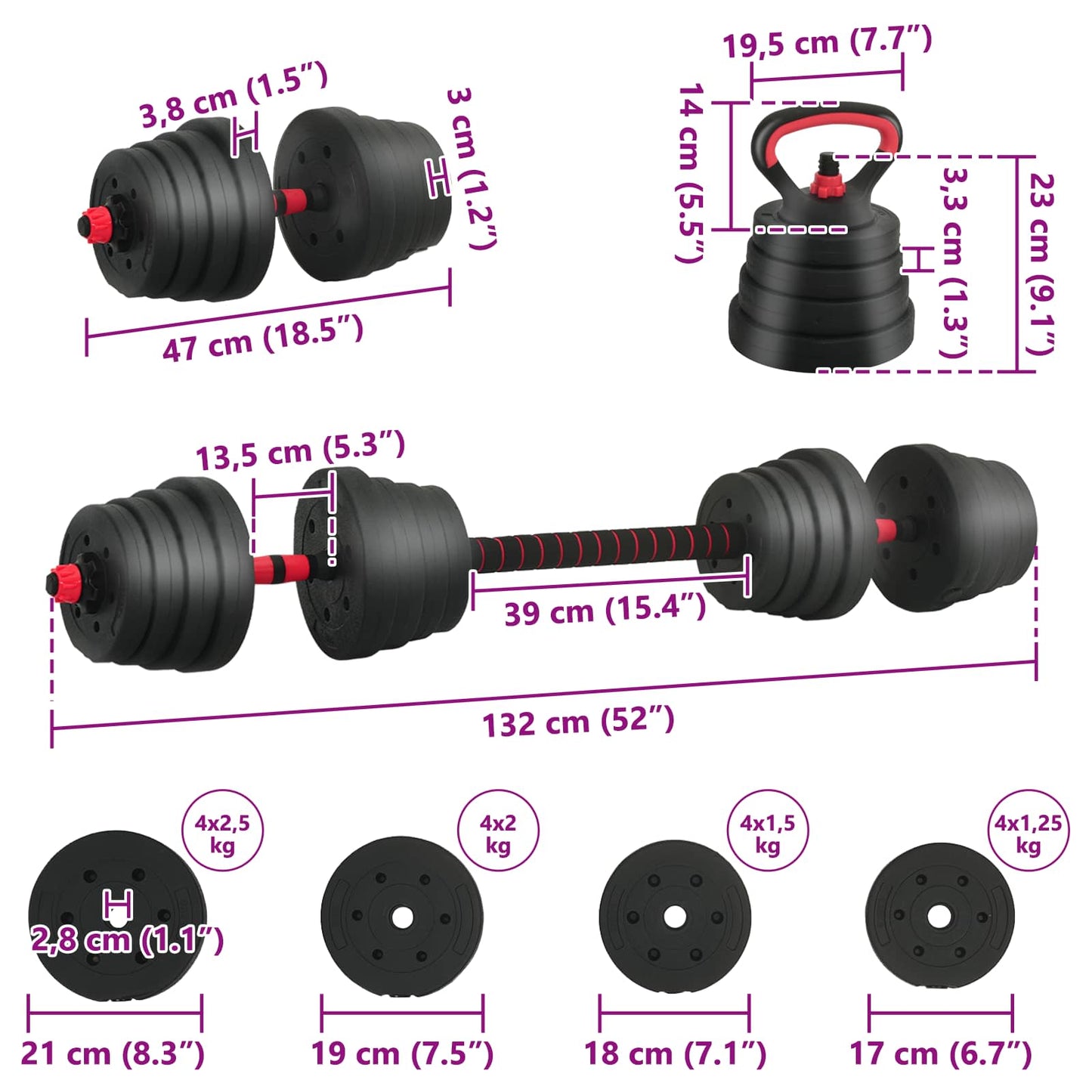 4-i-1 Manual Barbell Kettlebell Sett 30 kg Svart og Rød