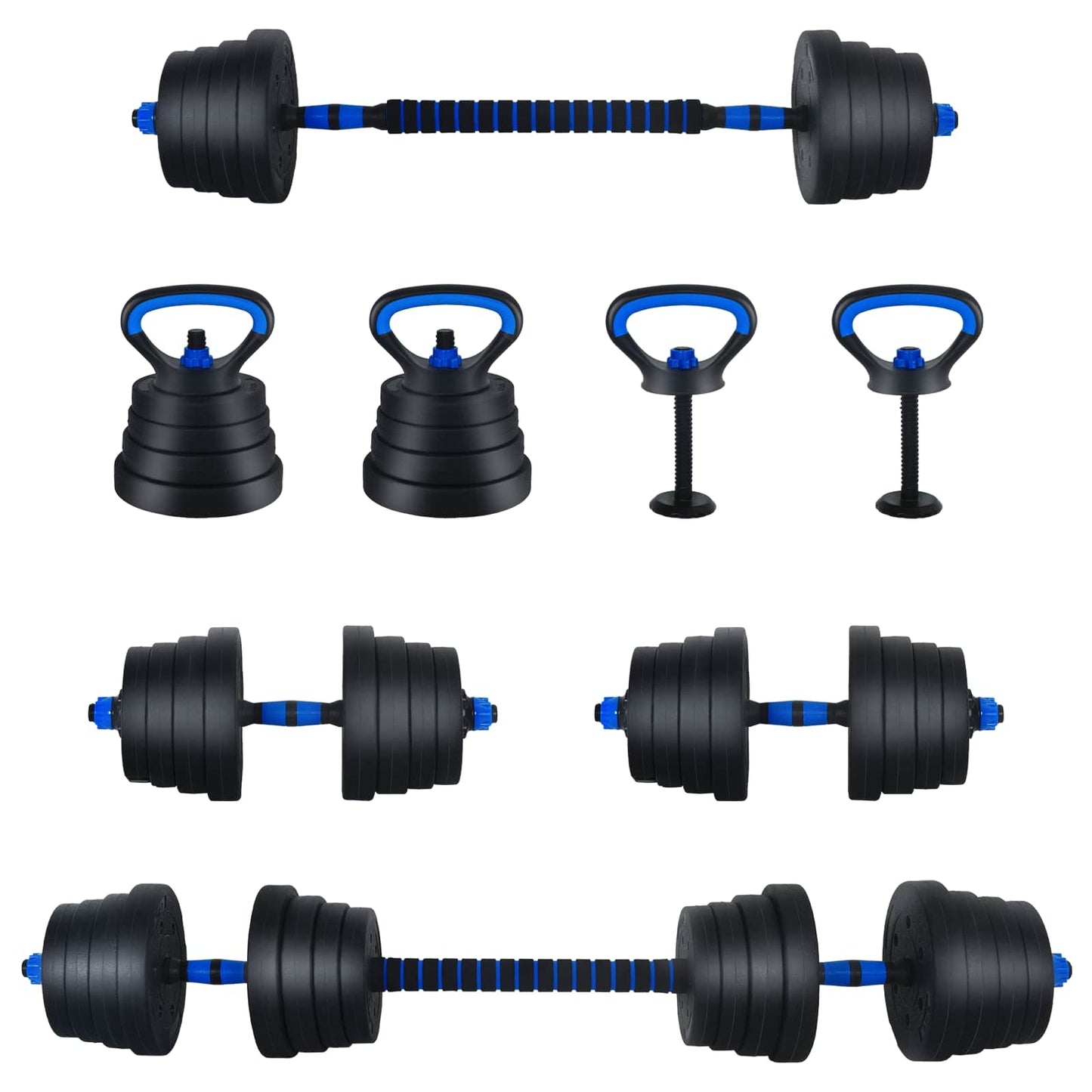 4-i-1 Manual Barbell Kettlebell Sett 30 kg Svart og Blå