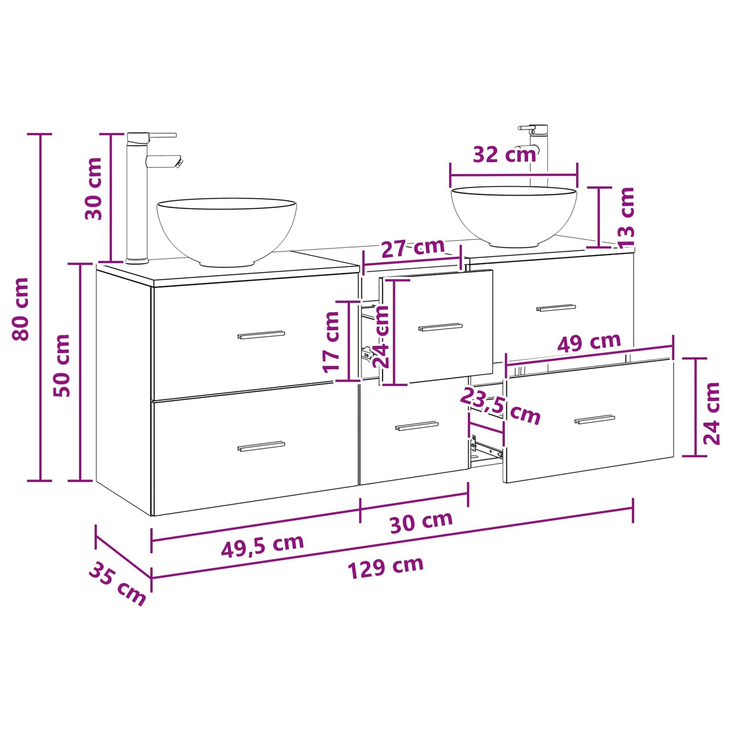 Baderomsskapsett 3 stk. Svart eik 49,5 x 35 x 63 cm