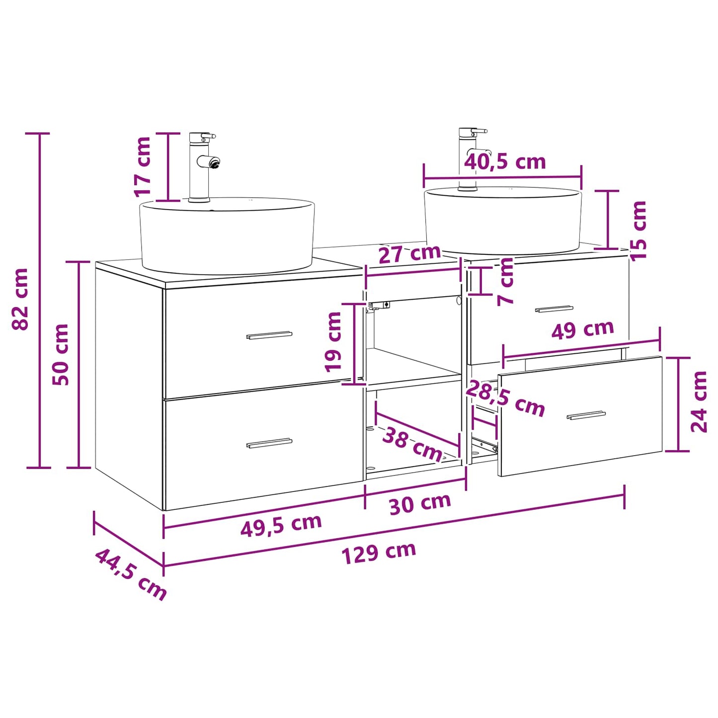 Baderomsskapsett 3 stk. Svart 49,5 x 44,5 x 65 cm