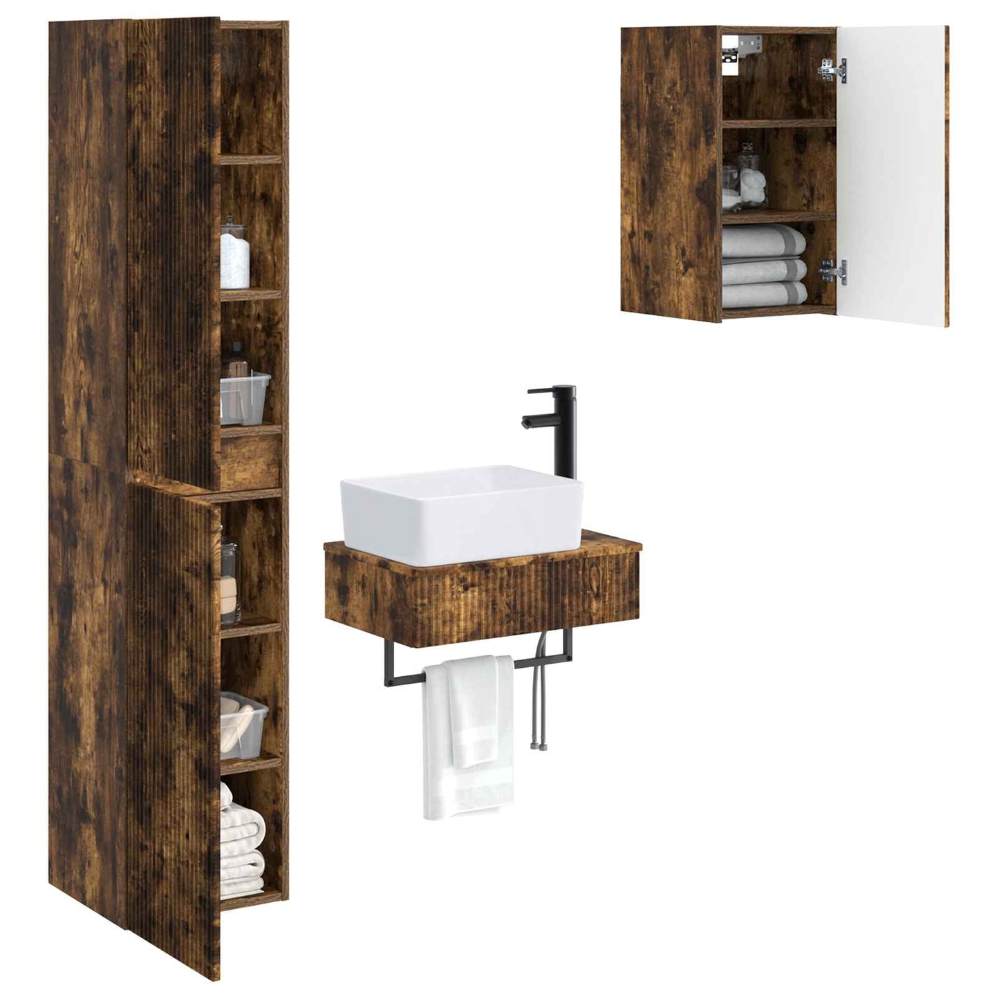 Baderomsinnredningssett 3 stk. Røkt Eik 33 x 34,5 x 160 cm