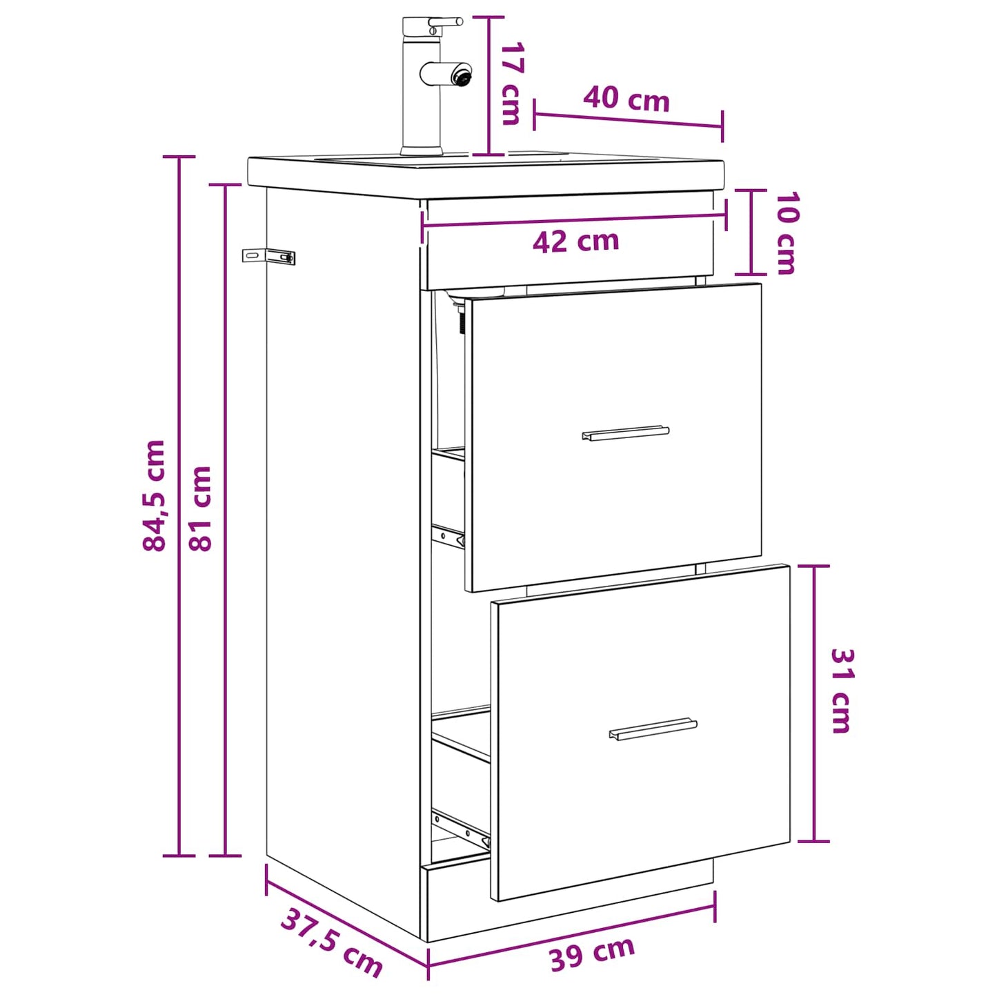 Badmøbel med vask Røkt Eik 42 x 40 x 84,5 cm Konstruert tre