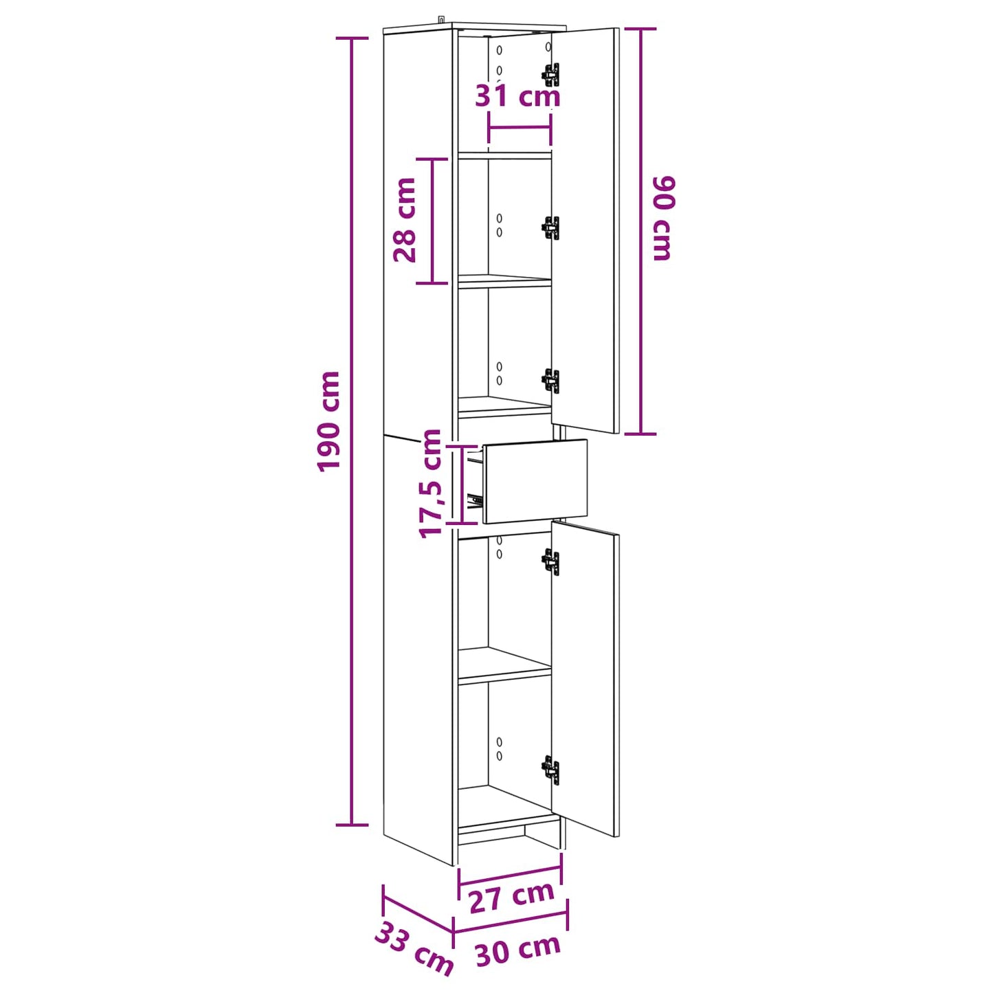 Baderomsskap Sonoma eik 30 x 33 x 190 cm Konstruert tre