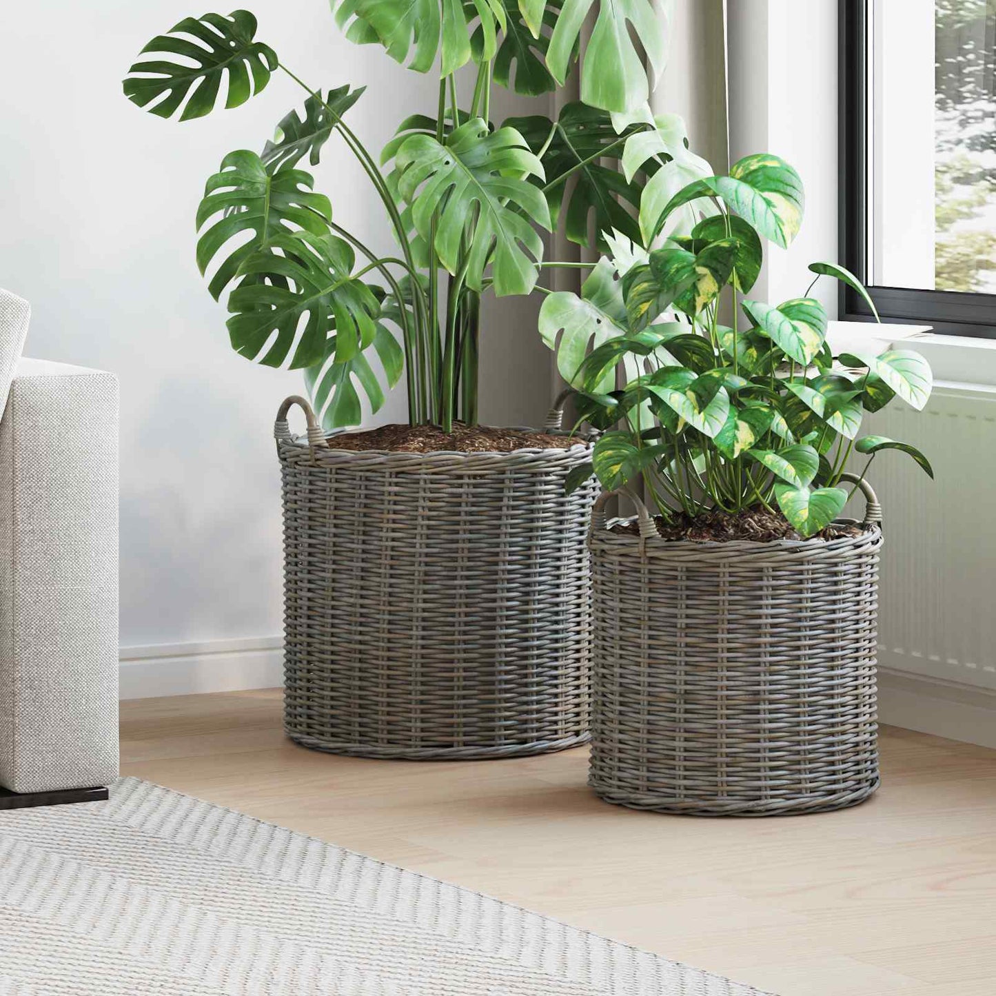 Planterkurv med lagring 2 stk. Naturlig grå Kubu Rattan