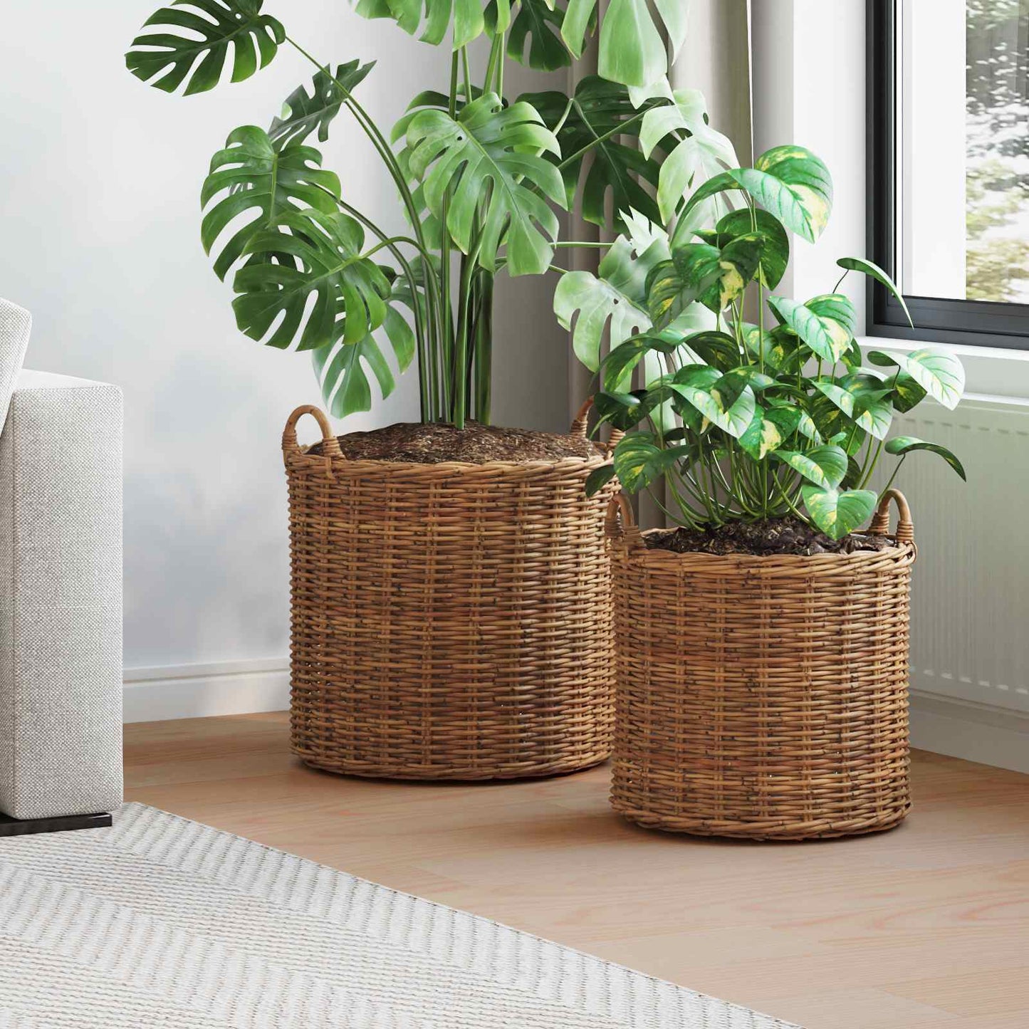 Planterkurv med lagring 2 stk. Naturlig brun Kubu Rattan