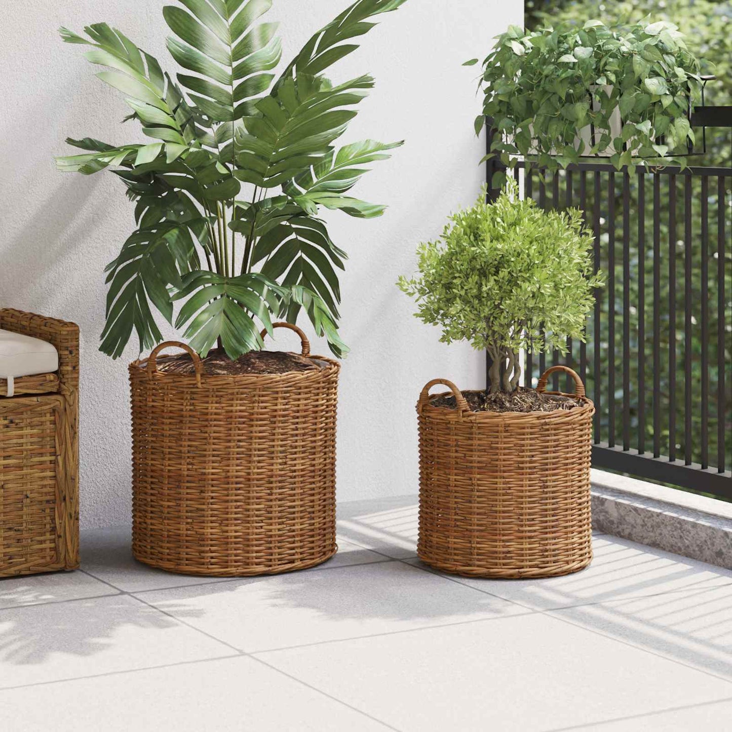 Planterkurv med lagring 2 stk. Naturlig brun Kubu Rattan