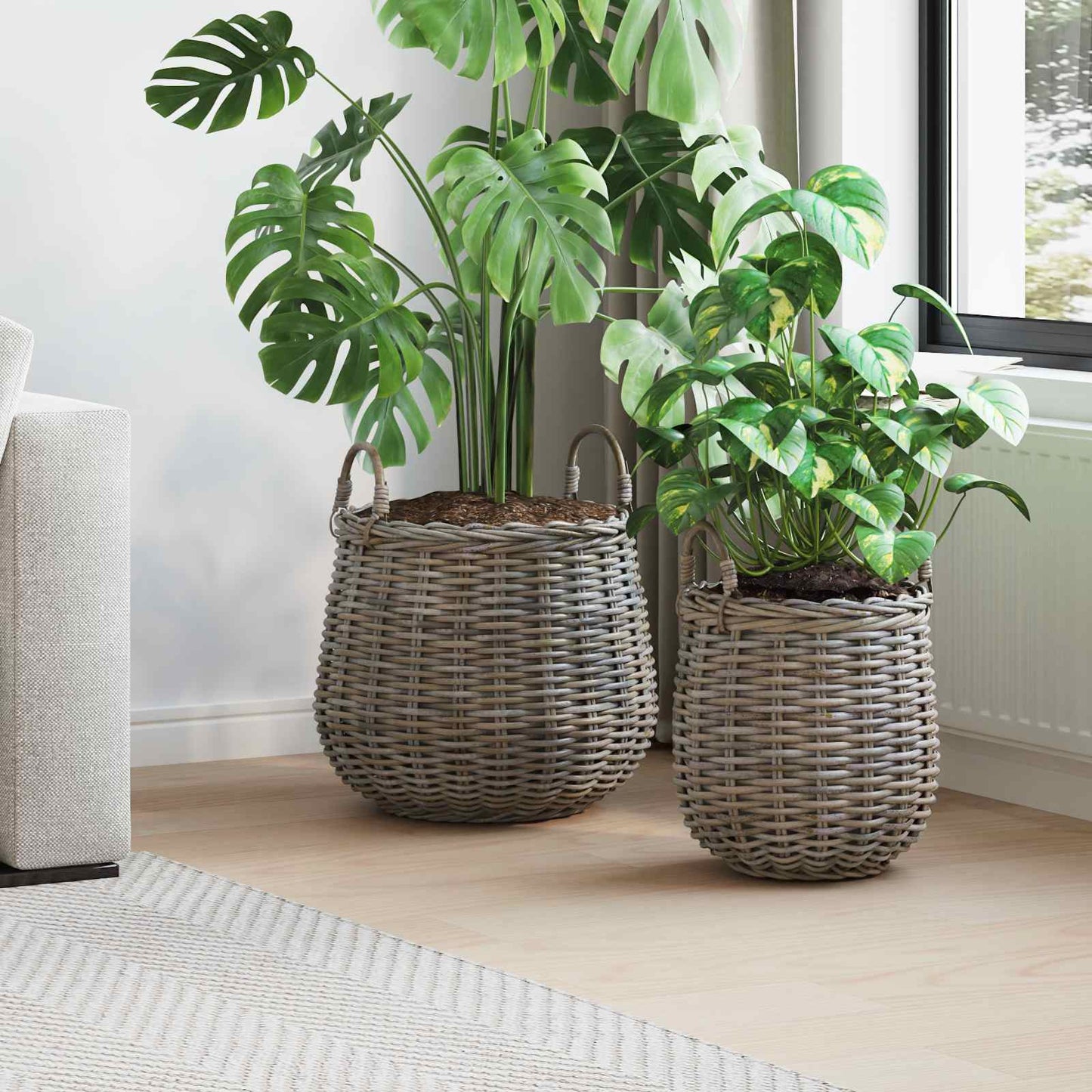 Planterkurv med lagring 2 stk. Naturlig grå Kubu Rattan